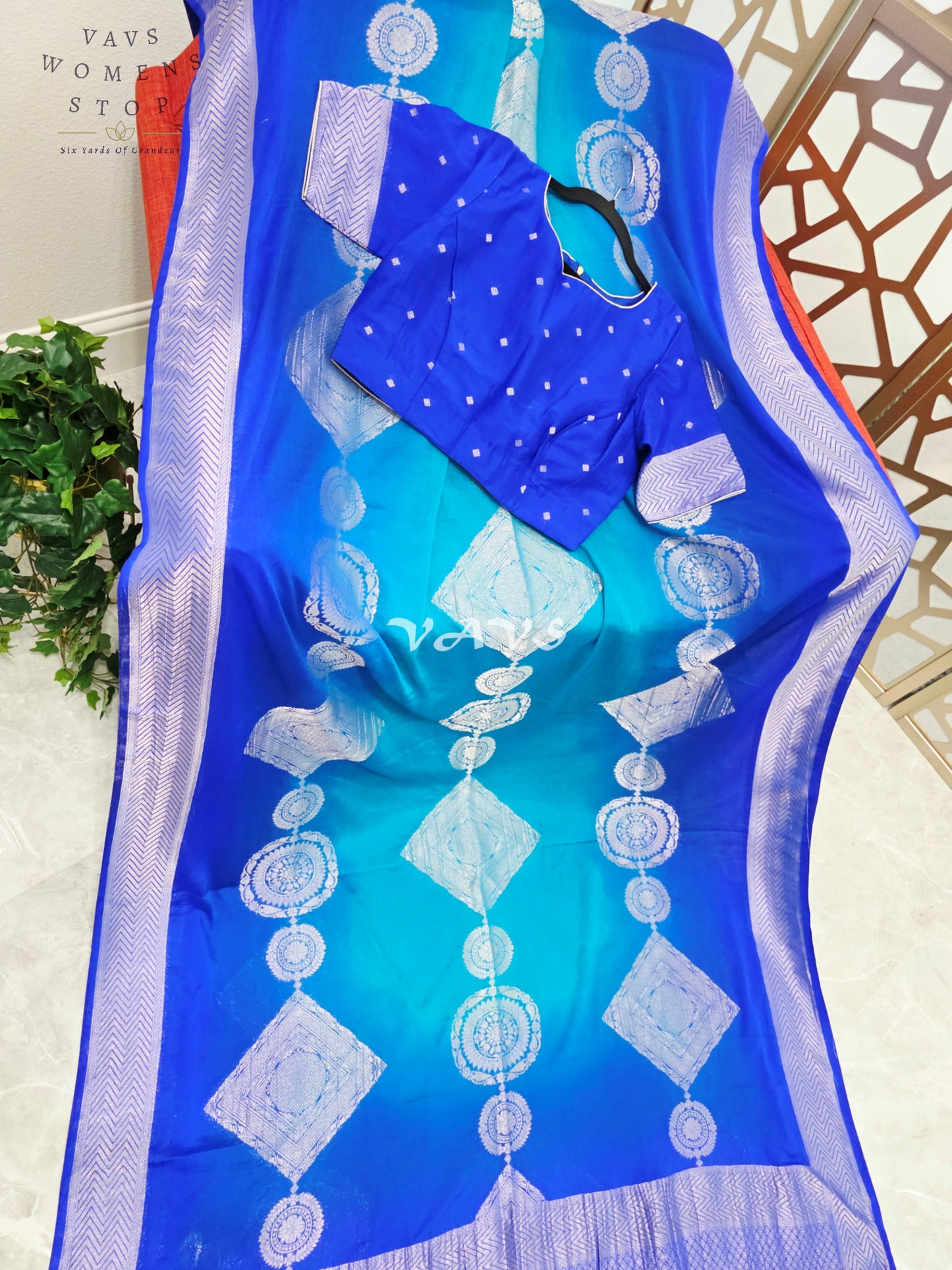 Royal Sapphire & Peacock Turquoise Shaded Chiffon Saree with Silver Motifs & Stitched Blouse Size 38-44