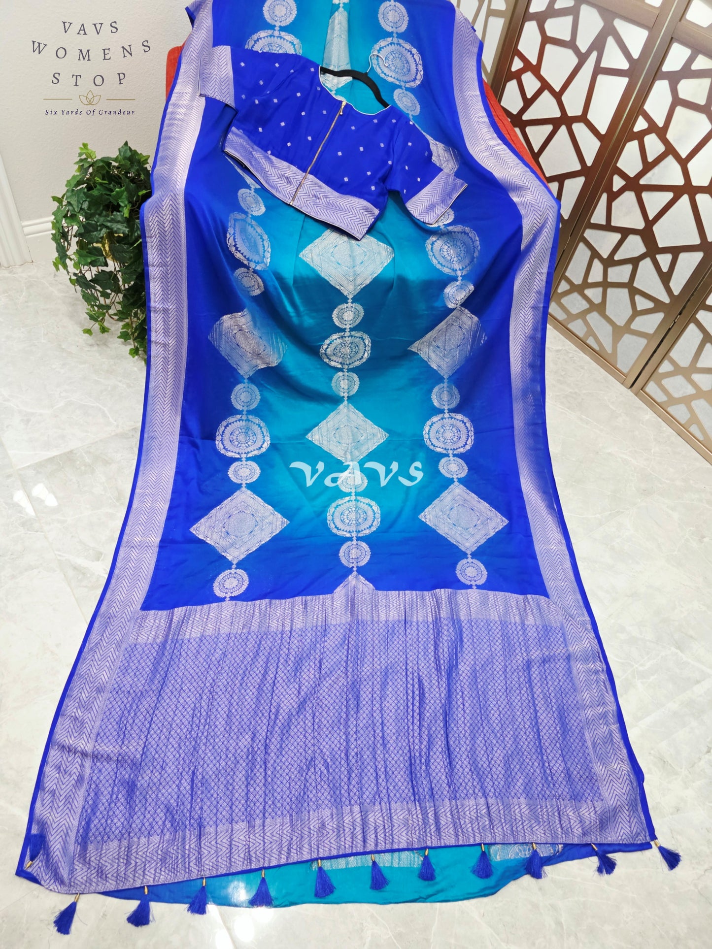 Royal Sapphire & Peacock Turquoise Shaded Chiffon Saree with Silver Motifs & Stitched Blouse Size 38-44