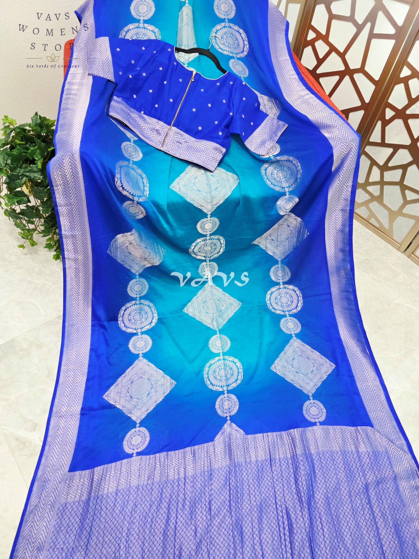 Royal Sapphire & Peacock Turquoise Shaded Chiffon Saree with Silver Motifs & Stitched Blouse Size 38-44