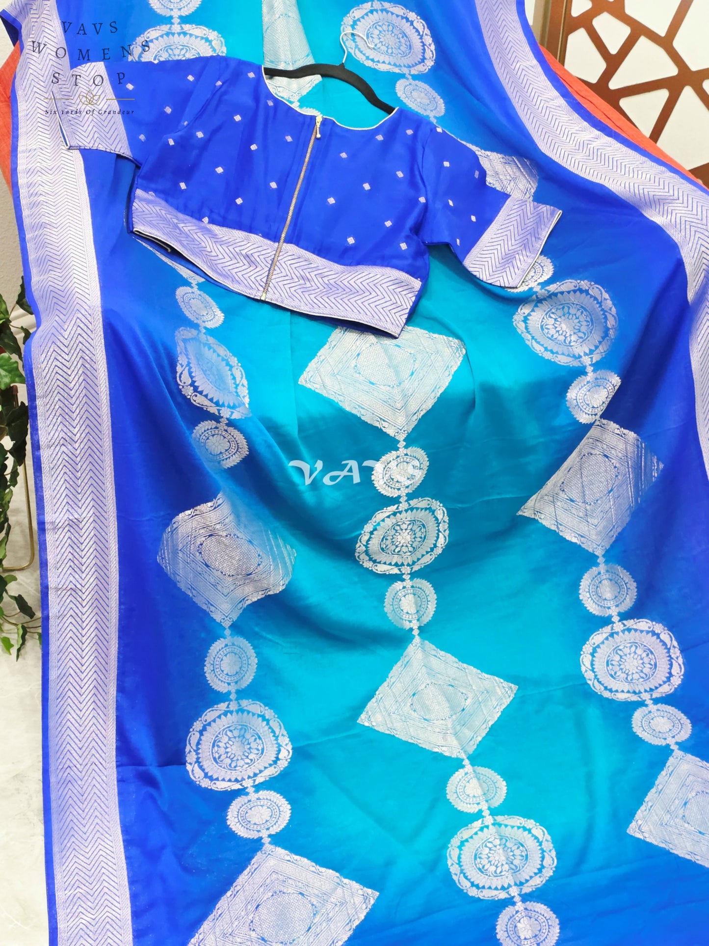 Royal Sapphire & Peacock Turquoise Shaded Chiffon Saree with Silver Motifs & Stitched Blouse Size 38-44