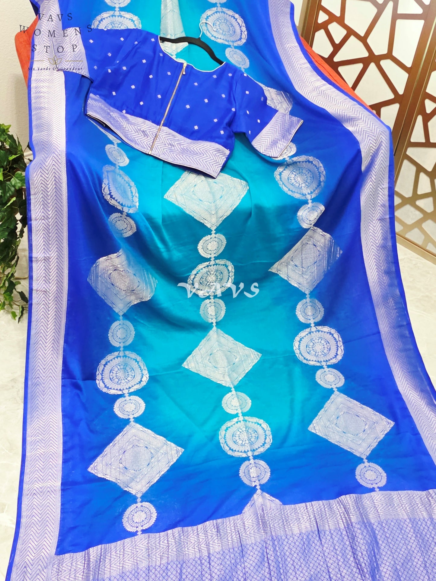 Royal Sapphire & Peacock Turquoise Shaded Chiffon Saree with Silver Motifs & Stitched Blouse Size 38-44