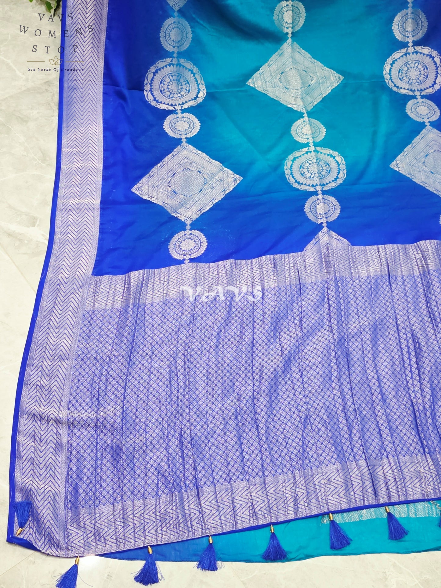 Royal Sapphire & Peacock Turquoise Shaded Chiffon Saree with Silver Motifs & Stitched Blouse Size 38-44