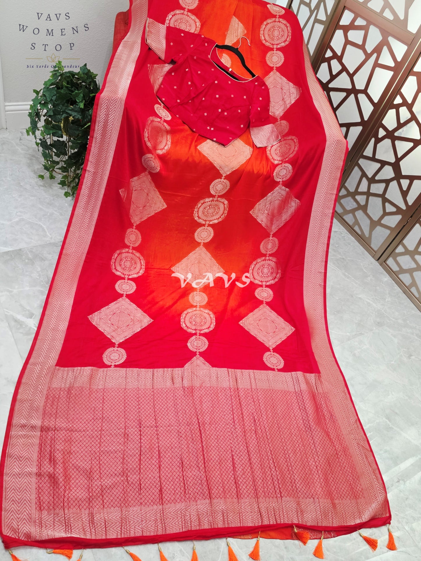 Ruby Red & Vermilion Orange Shaded Chiffon Saree with Rose-Gold Motifs and Stitched Blouse Size 34–40