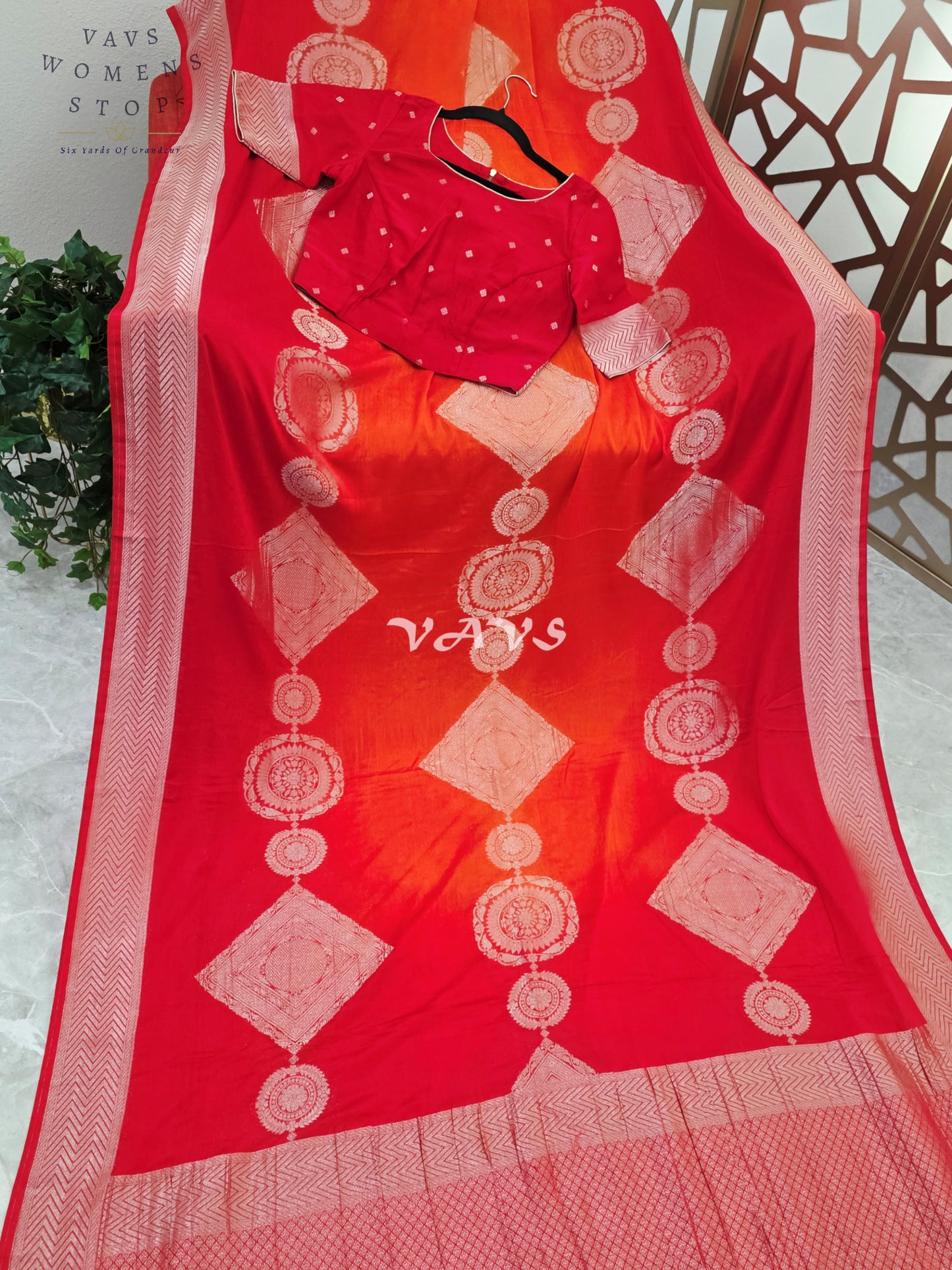 Ruby Red & Vermilion Orange Shaded Chiffon Saree with Rose-Gold Motifs and Stitched Blouse Size 34–40