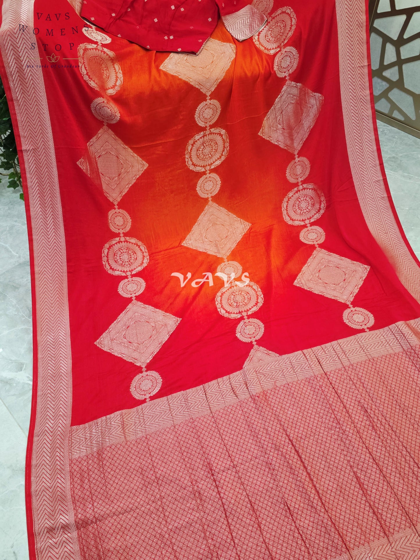 Ruby Red & Vermilion Orange Shaded Chiffon Saree with Rose-Gold Motifs and Stitched Blouse Size 34–40