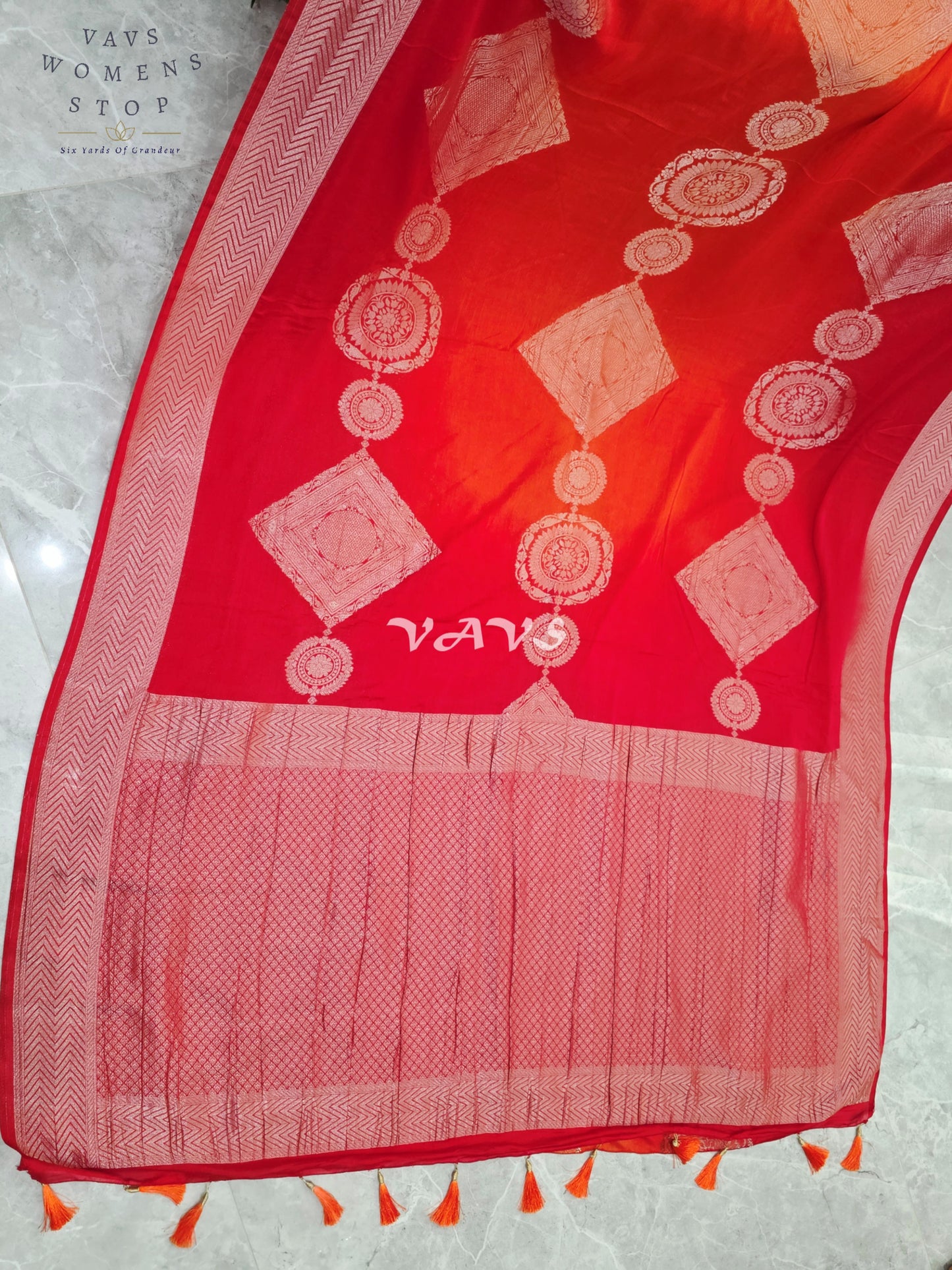 Ruby Red & Vermilion Orange Shaded Chiffon Saree with Rose-Gold Motifs and Stitched Blouse Size 34–40