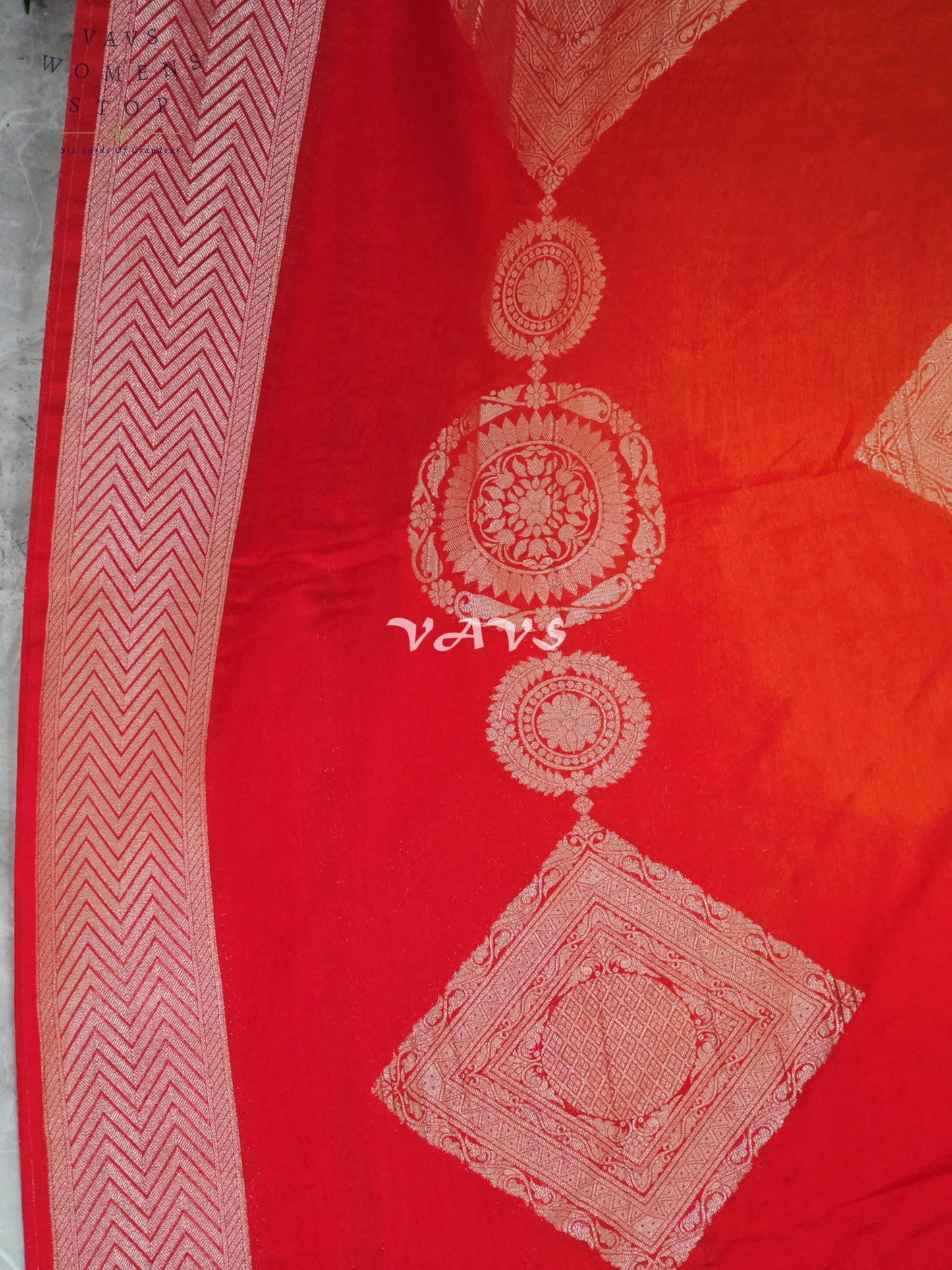 Ruby Red & Vermilion Orange Shaded Chiffon Saree with Rose-Gold Motifs and Stitched Blouse Size 34–40