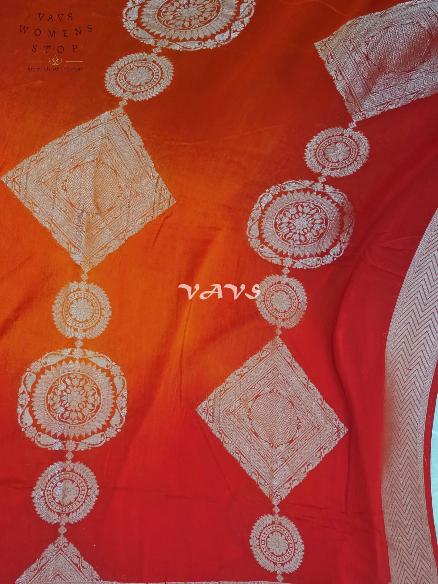 Ruby Red & Vermilion Orange Shaded Chiffon Saree with Rose-Gold Motifs and Stitched Blouse Size 34–40