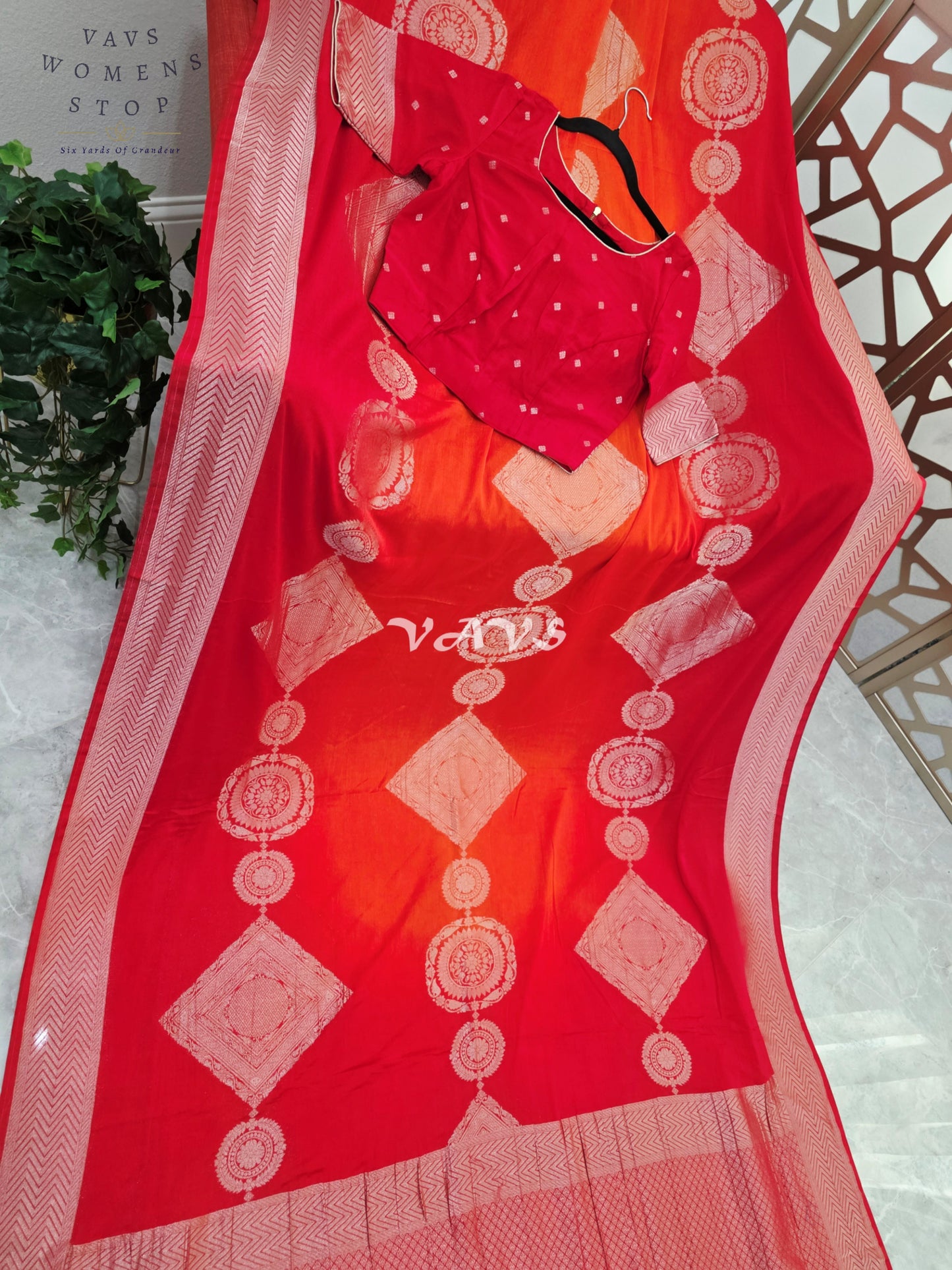 Ruby Red & Vermilion Orange Shaded Chiffon Saree with Rose-Gold Motifs and Stitched Blouse Size 34–40