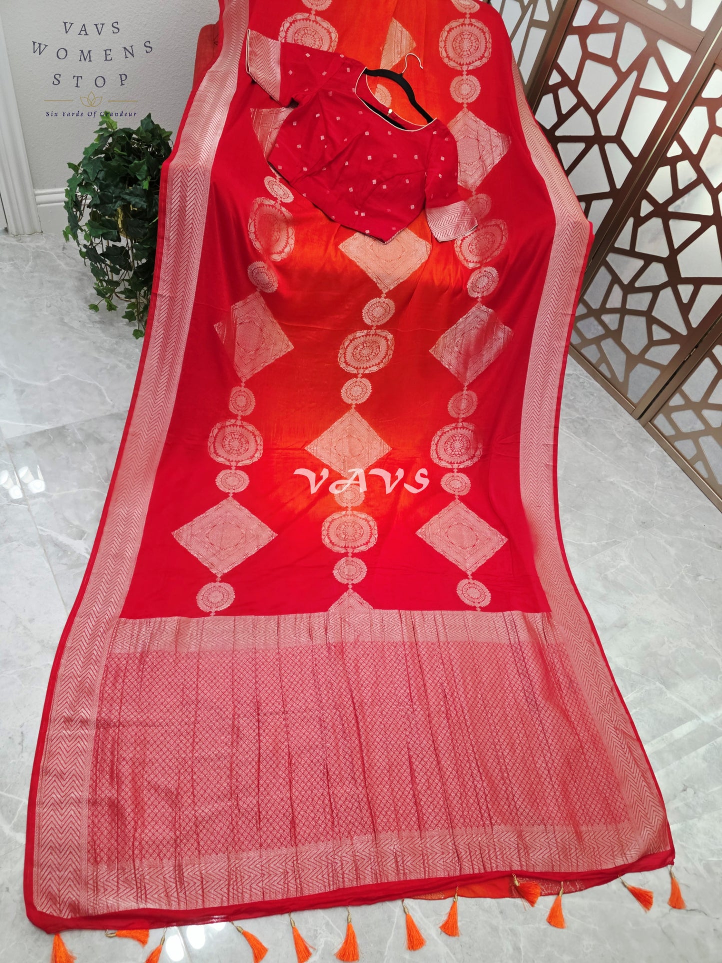 Ruby Red & Vermilion Orange Shaded Chiffon Saree with Rose-Gold Motifs and Stitched Blouse Size 34–40