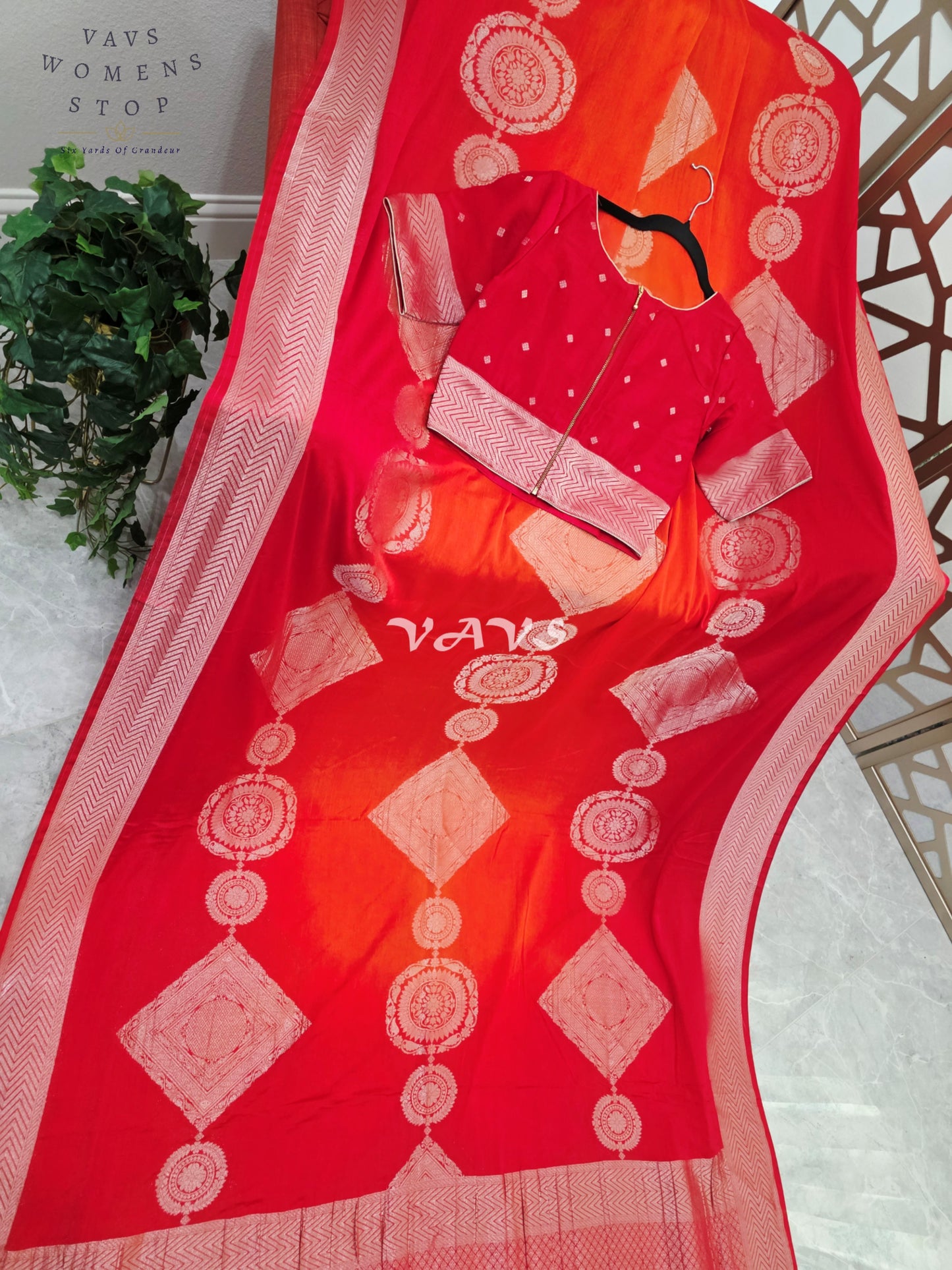 Ruby Red & Vermilion Orange Shaded Chiffon Saree with Rose-Gold Motifs and Stitched Blouse Size 34–40