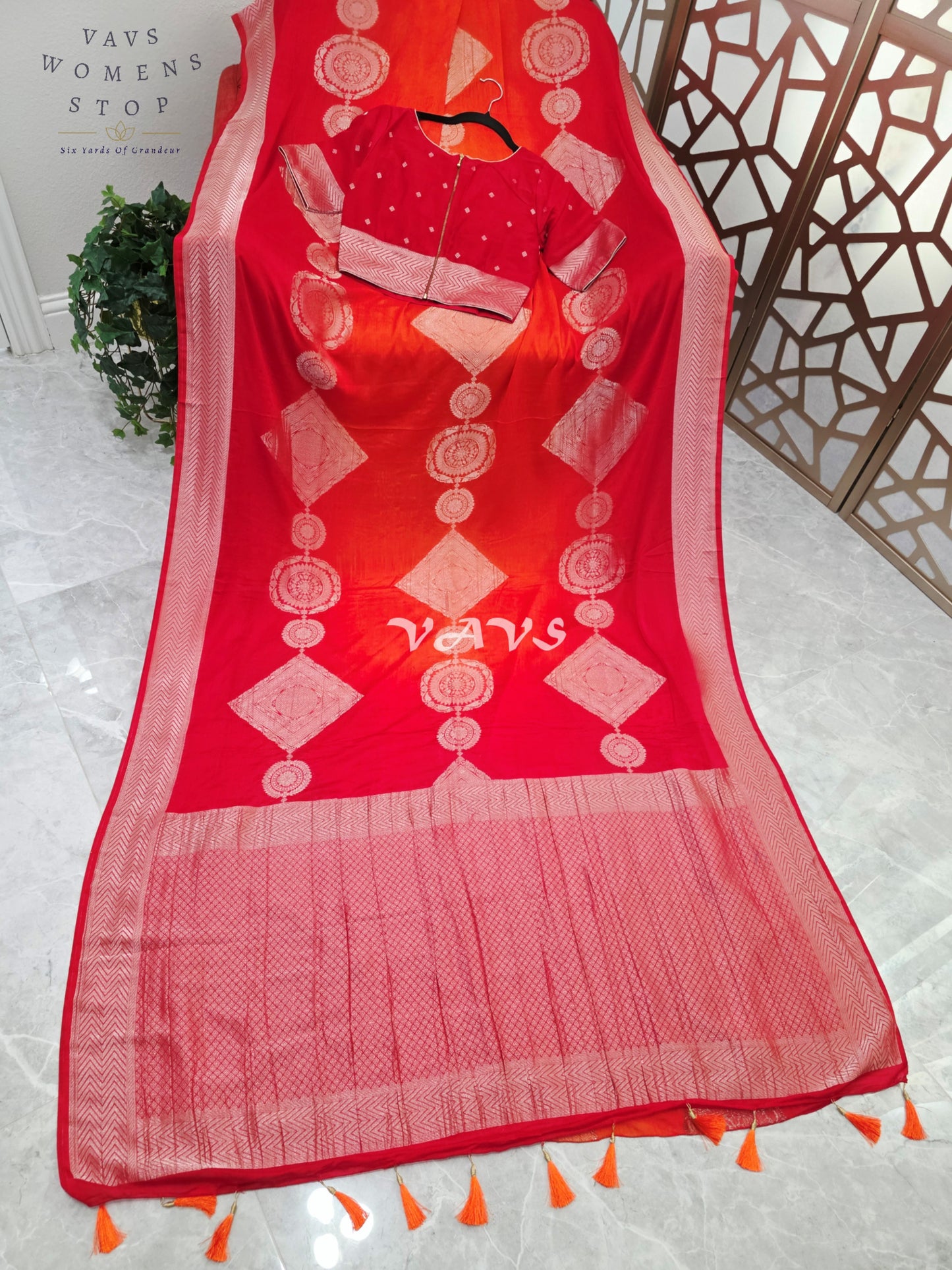Ruby Red & Vermilion Orange Shaded Chiffon Saree with Rose-Gold Motifs and Stitched Blouse Size 34–40