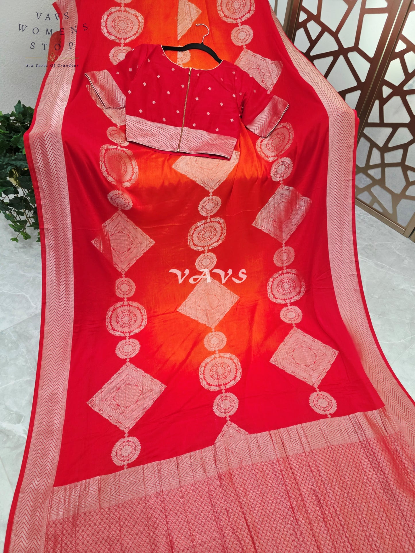 Ruby Red & Vermilion Orange Shaded Chiffon Saree with Rose-Gold Motifs and Stitched Blouse Size 34–40
