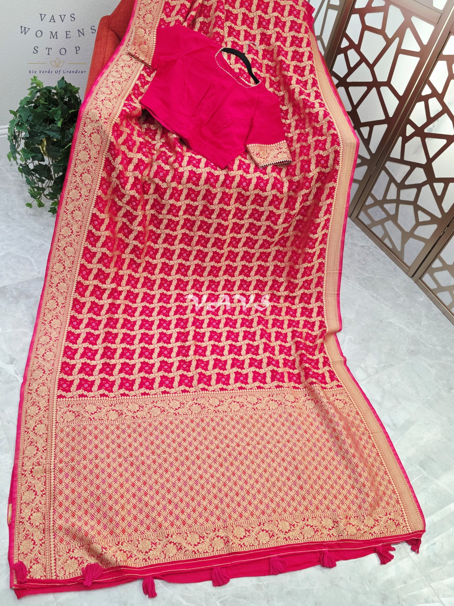 Rani Pink Viscose Georgette Gharchola Bandhani Saree with Antique Gold Zari & Stitched Blouse Size 40-46