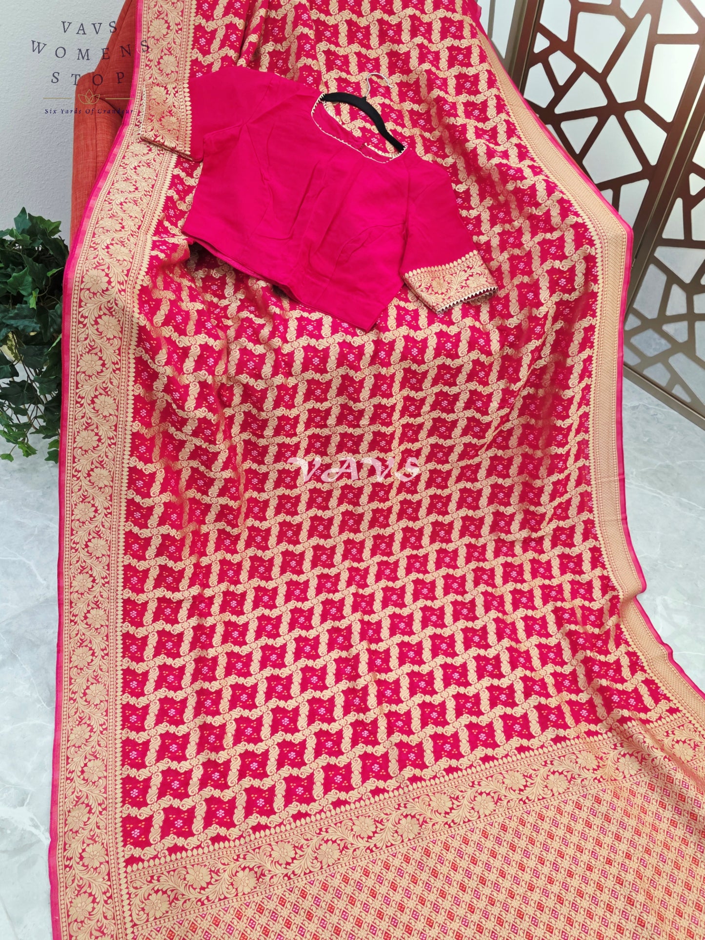 Rani Pink Viscose Georgette Gharchola Bandhani Saree with Antique Gold Zari & Stitched Blouse Size 40-46