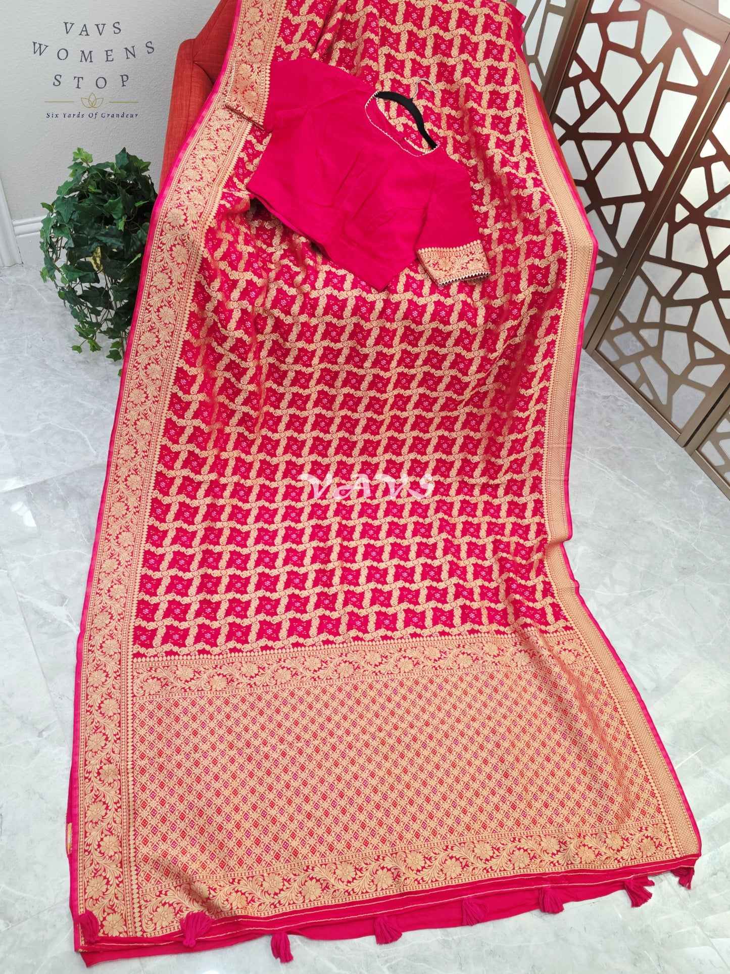 Rani Pink Viscose Georgette Gharchola Bandhani Saree with Antique Gold Zari & Stitched Blouse Size 40-46