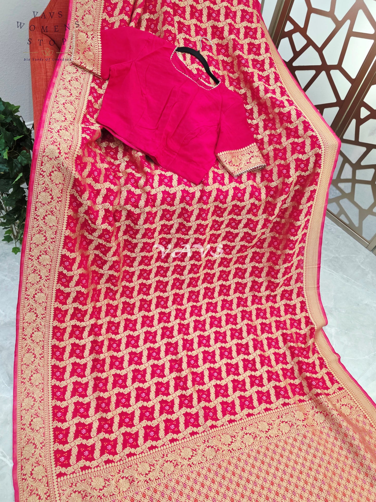 Rani Pink Viscose Georgette Gharchola Bandhani Saree with Antique Gold Zari & Stitched Blouse Size 38-44