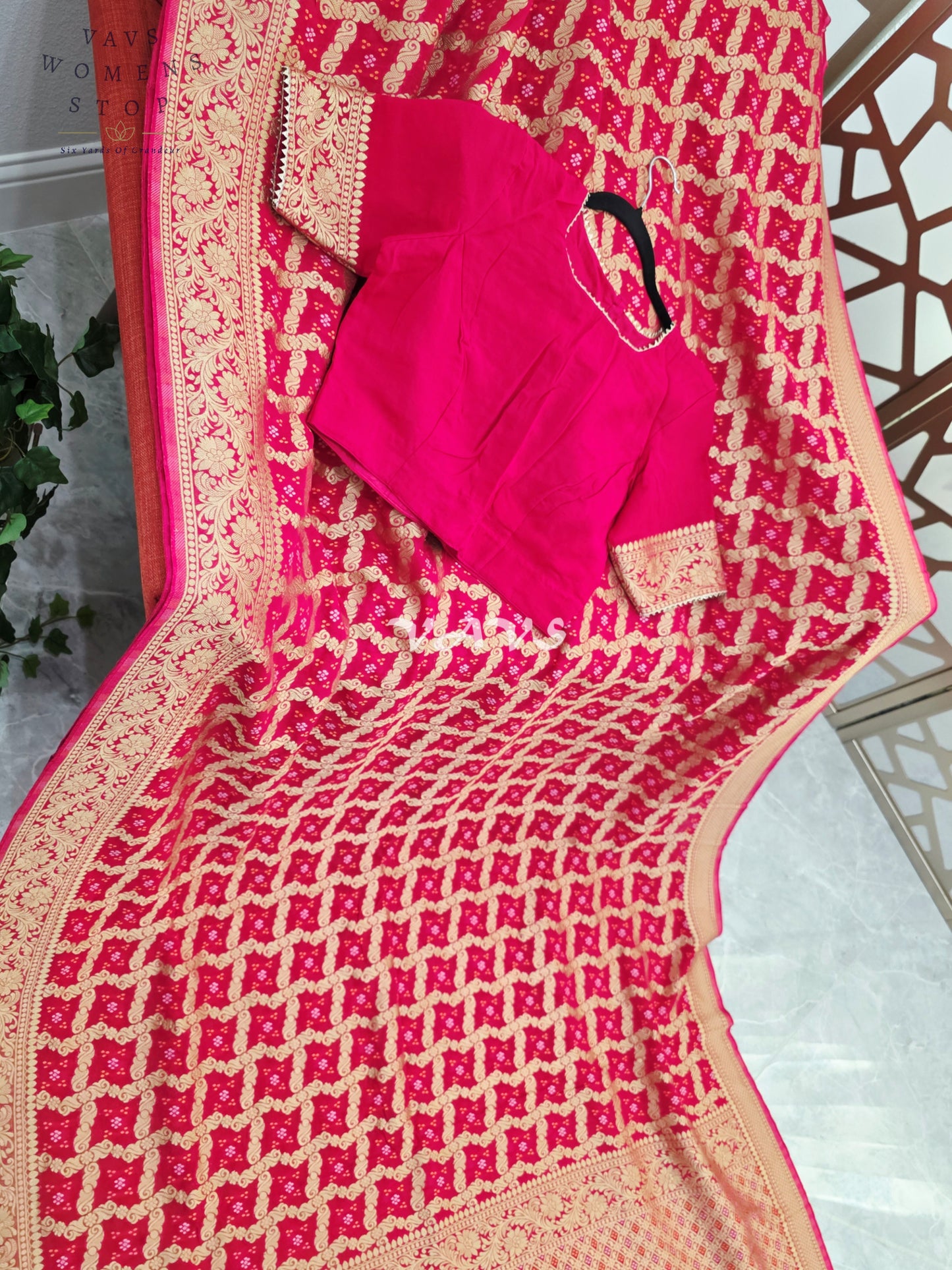 Rani Pink Viscose Georgette Gharchola Bandhani Saree with Antique Gold Zari & Stitched Blouse Size 40-46