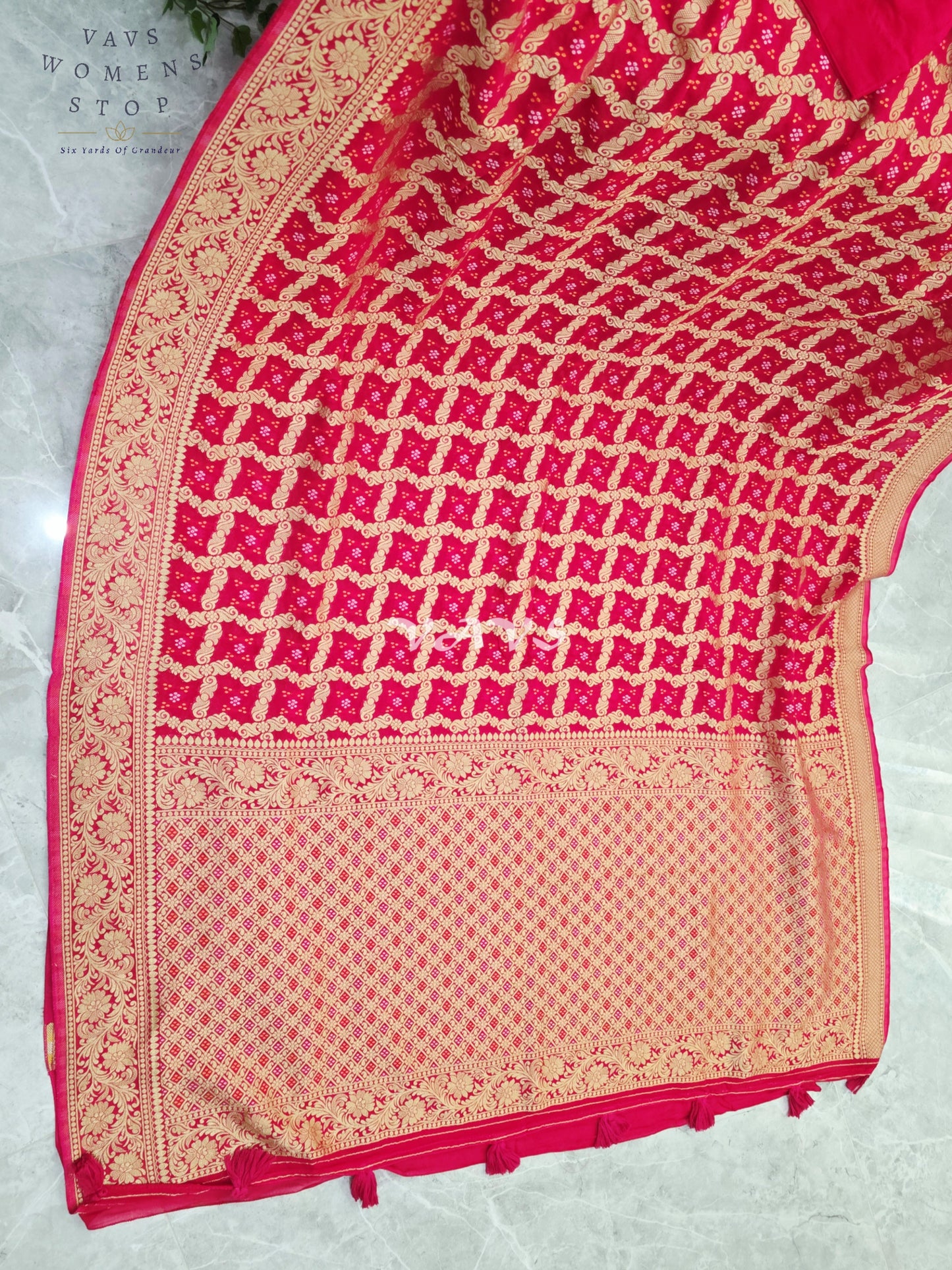 Rani Pink Viscose Georgette Gharchola Bandhani Saree with Antique Gold Zari & Stitched Blouse Size 40-46