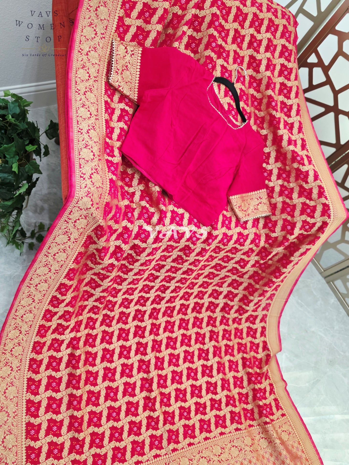 Rani Pink Viscose Georgette Gharchola Bandhani Saree with Antique Gold Zari & Stitched Blouse Size 40-46