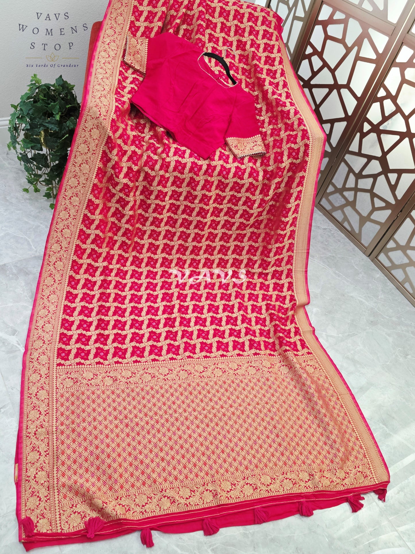 Rani Pink Viscose Georgette Gharchola Bandhani Saree with Antique Gold Zari & Stitched Blouse Size 38-44