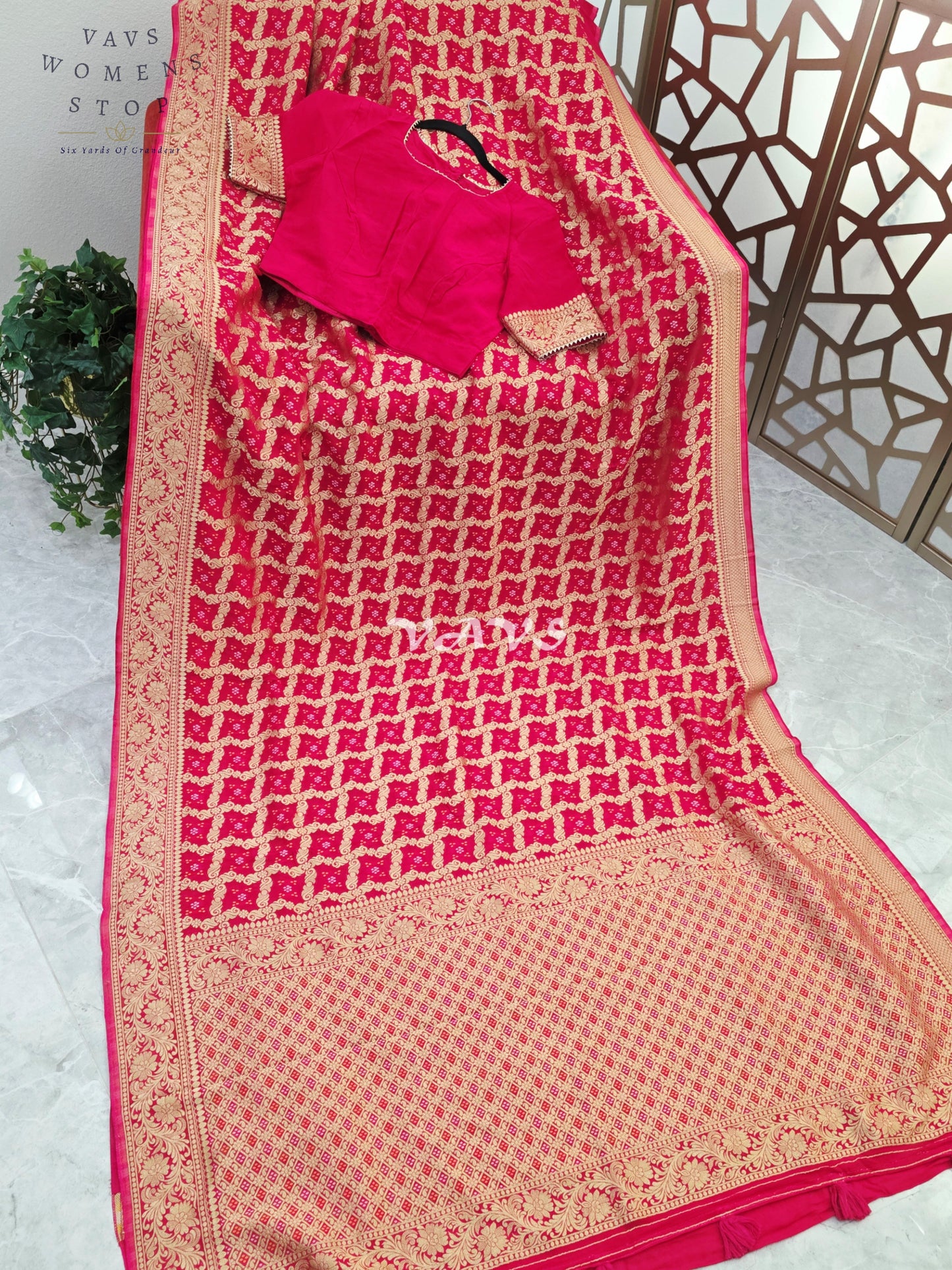 Rani Pink Viscose Georgette Gharchola Bandhani Saree with Antique Gold Zari & Stitched Blouse Size 40-46