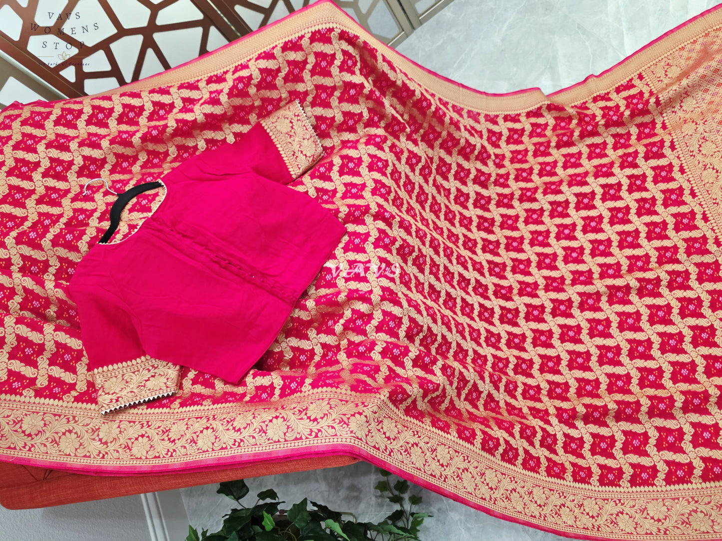 Rani Pink Viscose Georgette Gharchola Bandhani Saree with Antique Gold Zari & Stitched Blouse Size 40-46