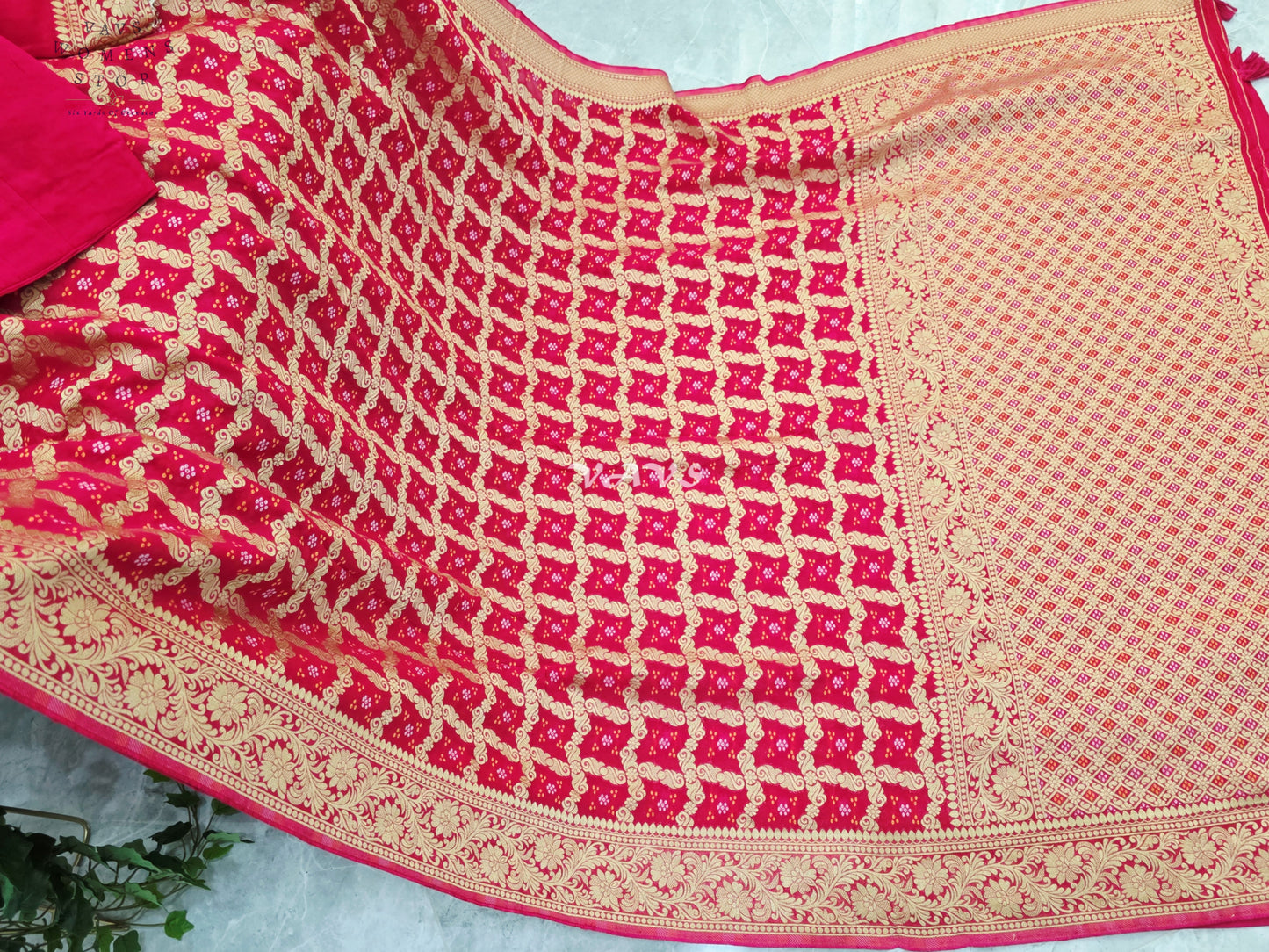Rani Pink Viscose Georgette Gharchola Bandhani Saree with Antique Gold Zari & Stitched Blouse Size 40-46