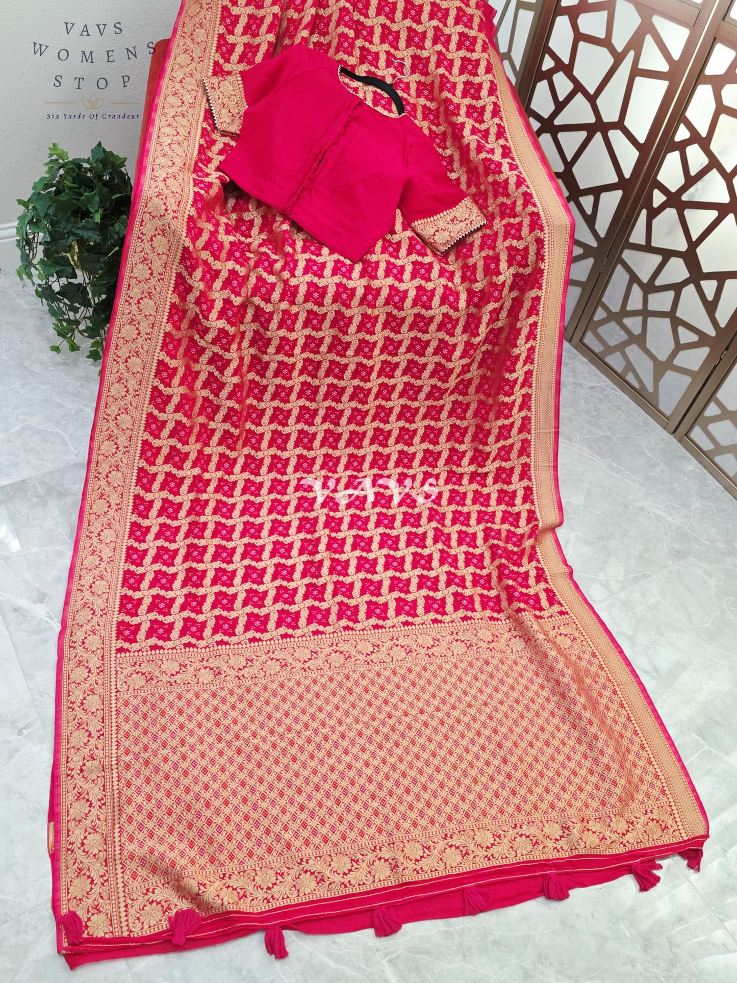 Rani Pink Viscose Georgette Gharchola Bandhani Saree with Antique Gold Zari & Stitched Blouse Size 40-46