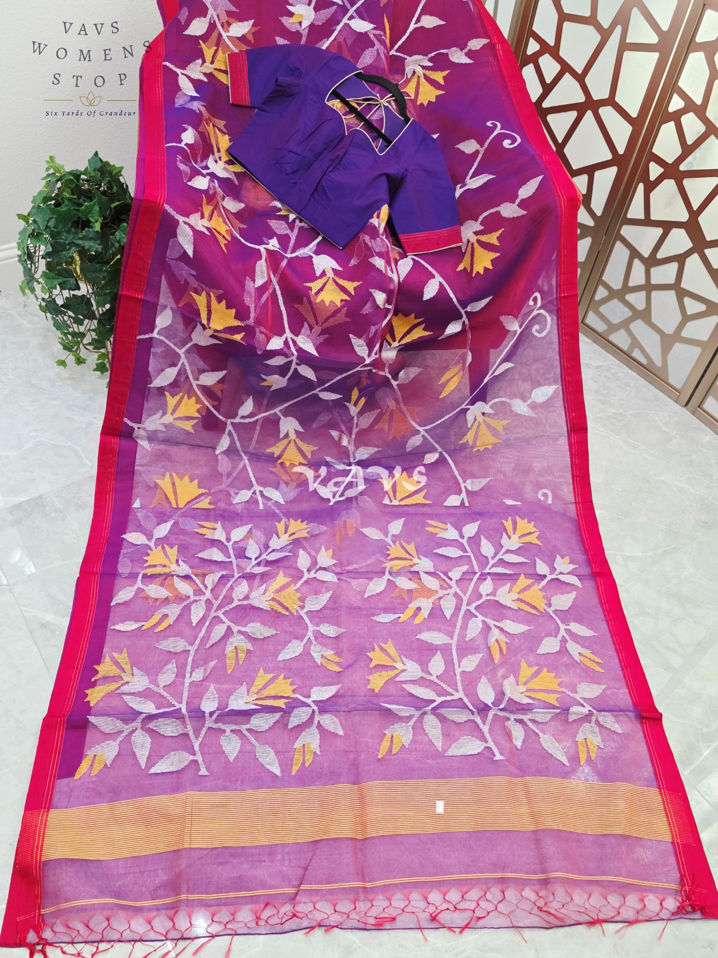 Royal Amethyst Pure Muslin Silk Jamdani Saree with Ivory Marigold Florals & Stitched Blouse Size 34-40