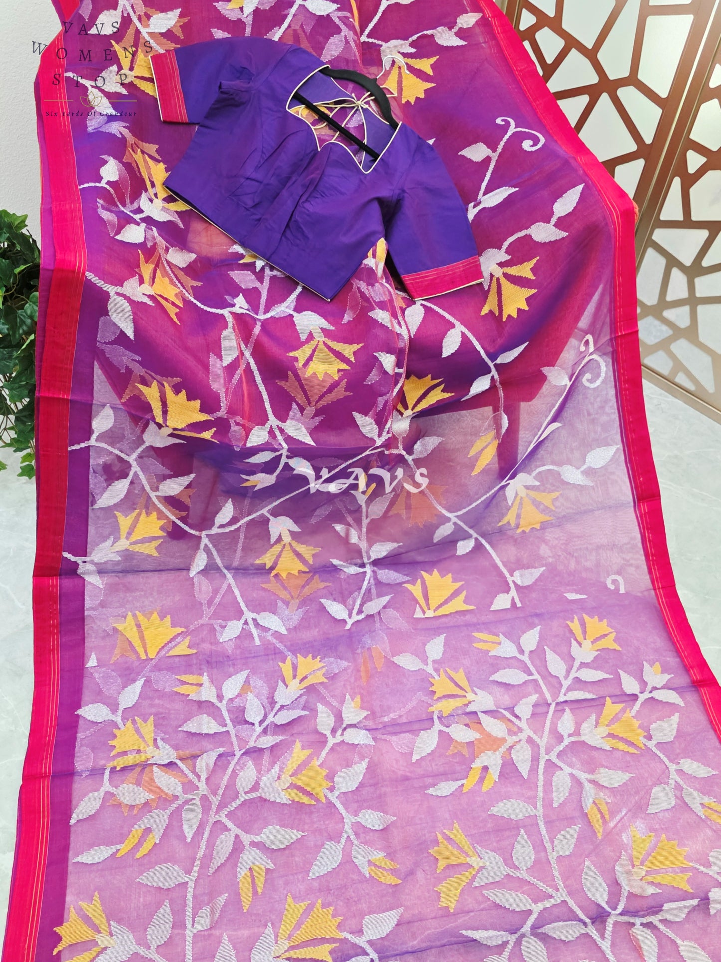 Royal Amethyst Pure Muslin Silk Jamdani Saree with Ivory Marigold Florals & Stitched Blouse Size 34-40