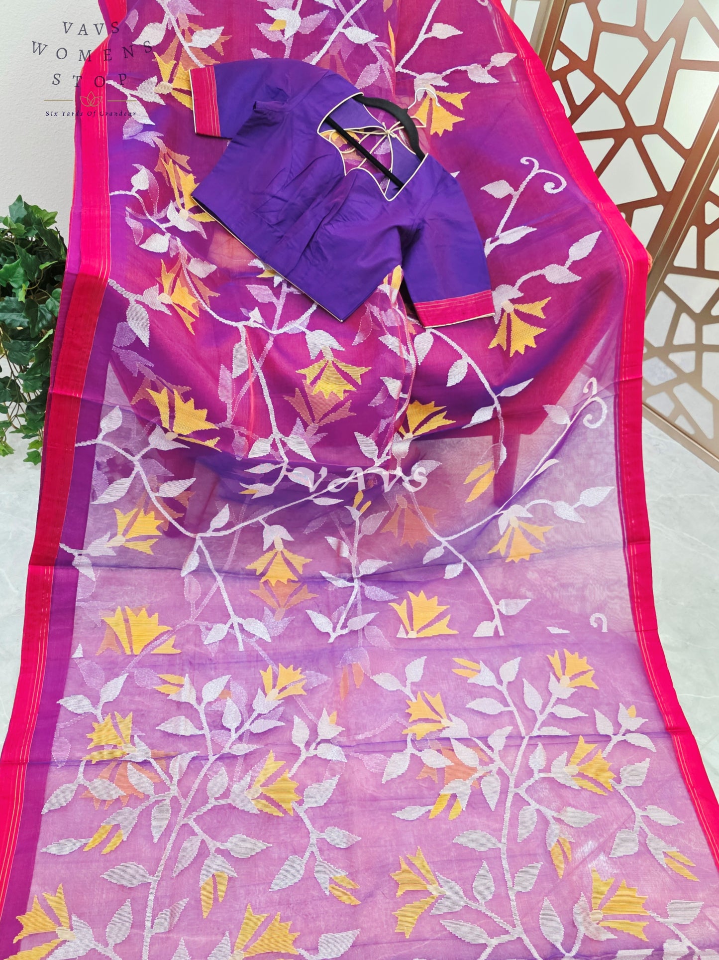 Royal Amethyst Pure Muslin Silk Jamdani Saree with Ivory Marigold Florals & Stitched Blouse Size 34-40
