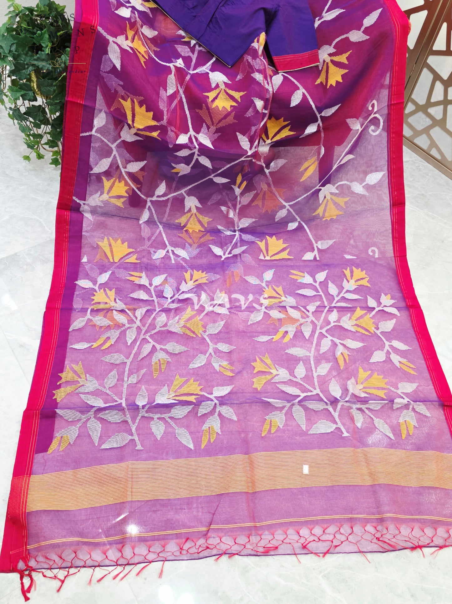 Royal Amethyst Pure Muslin Silk Jamdani Saree with Ivory Marigold Florals & Stitched Blouse Size 34-40