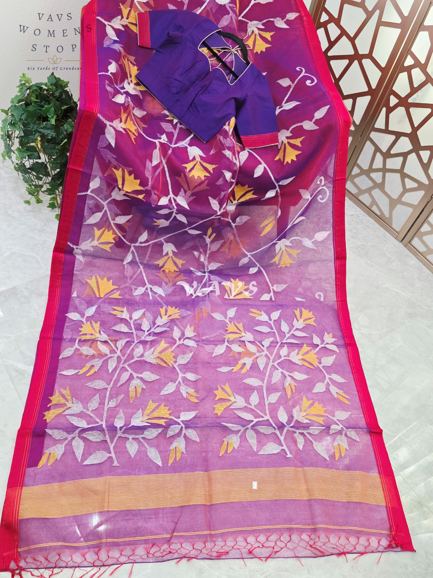 Royal Amethyst Pure Muslin Silk Jamdani Saree with Ivory Marigold Florals & Stitched Blouse Size 34-40