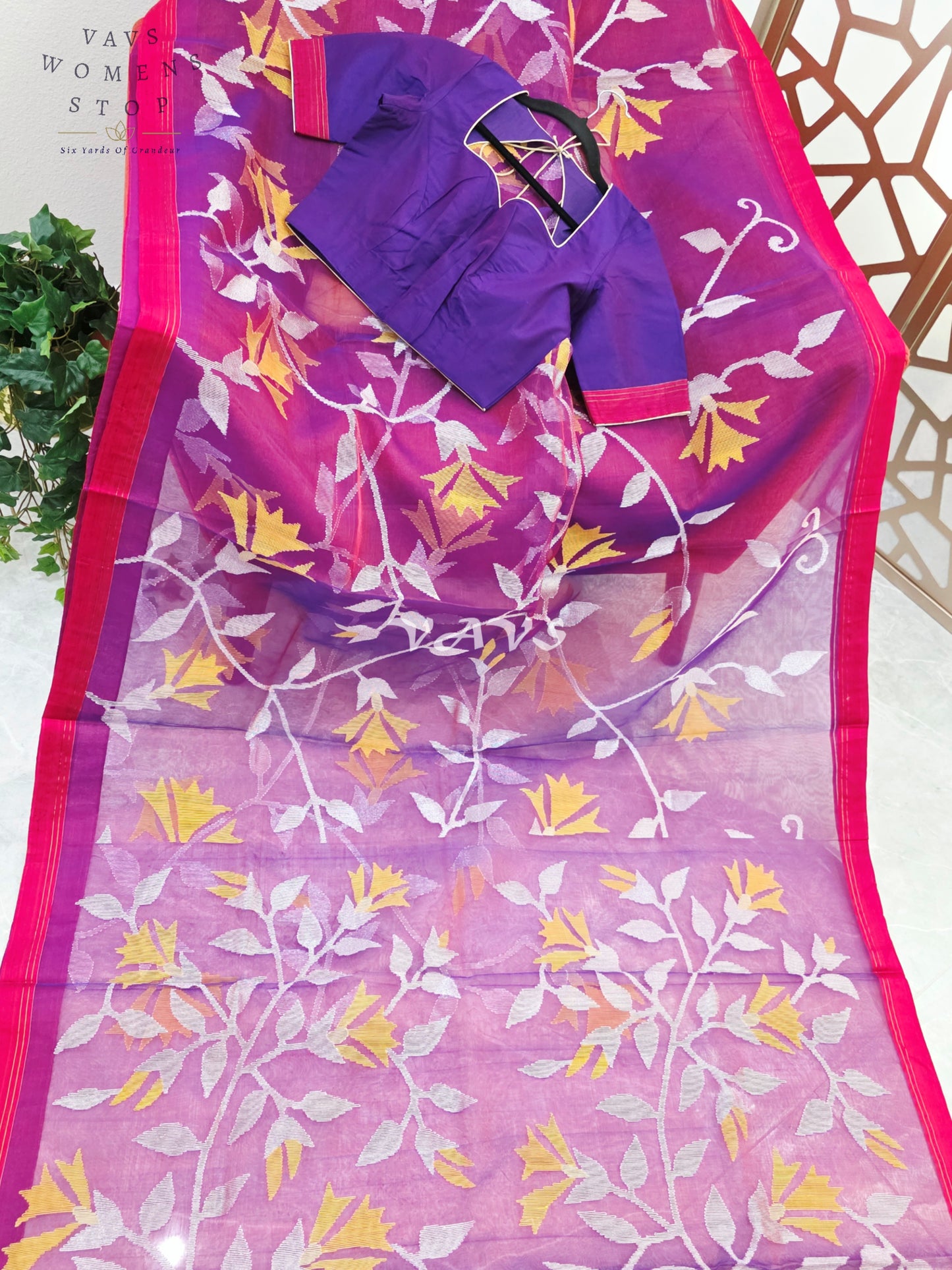 Royal Amethyst Pure Muslin Silk Jamdani Saree with Ivory Marigold Florals & Stitched Blouse Size 34-40