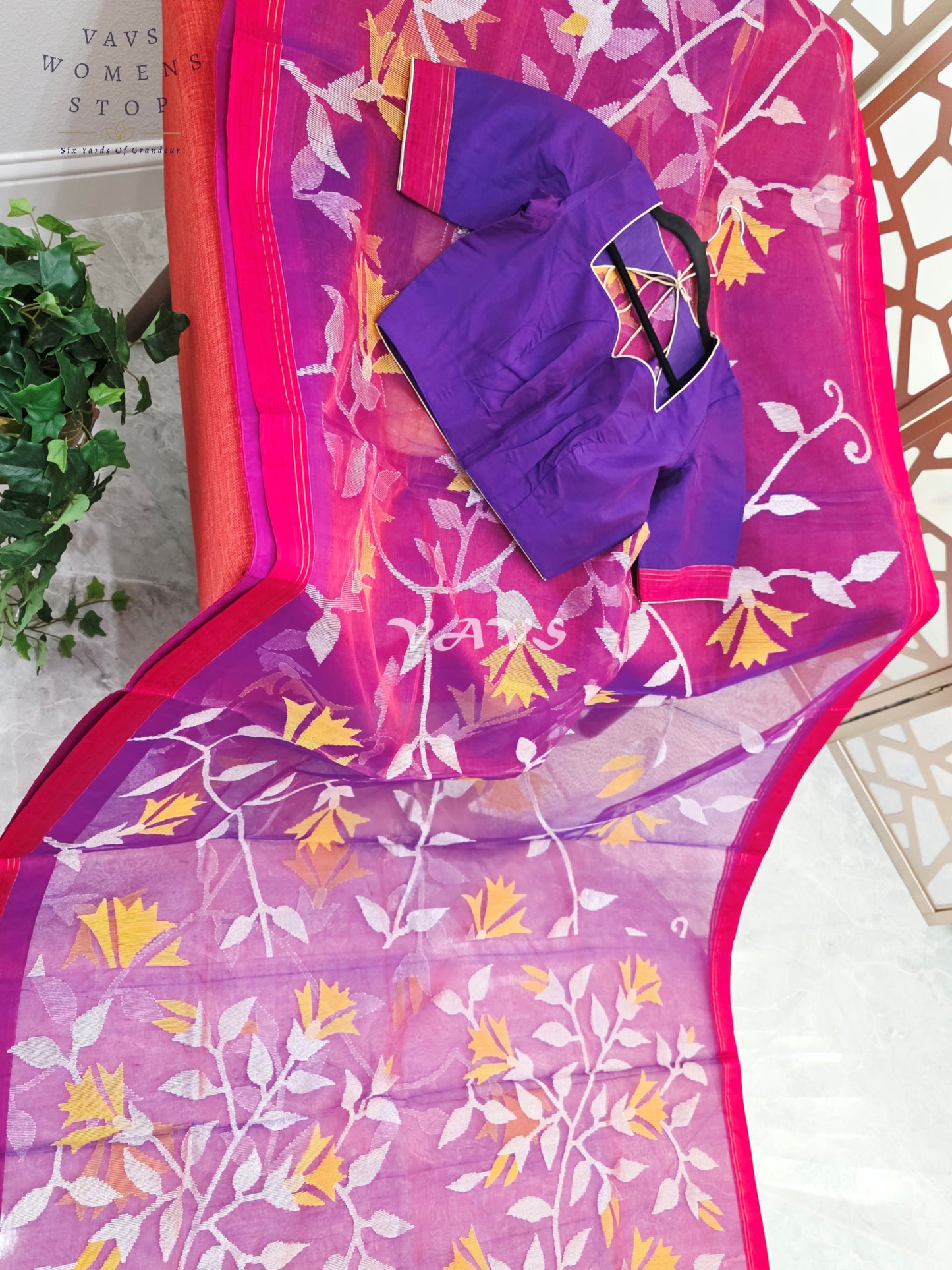 Royal Amethyst Pure Muslin Silk Jamdani Saree with Ivory Marigold Florals & Stitched Blouse Size 34-40