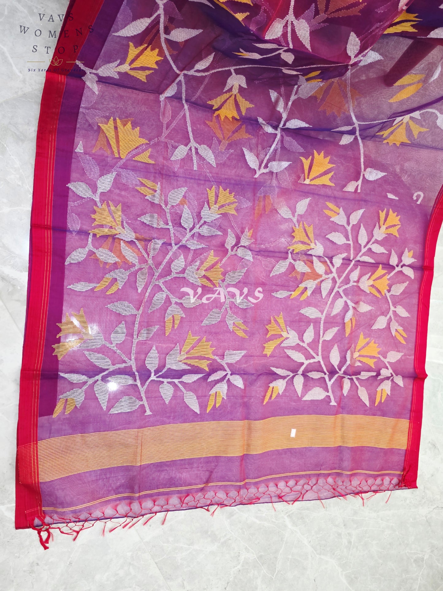 Royal Amethyst Pure Muslin Silk Jamdani Saree with Ivory Marigold Florals & Stitched Blouse Size 34-40