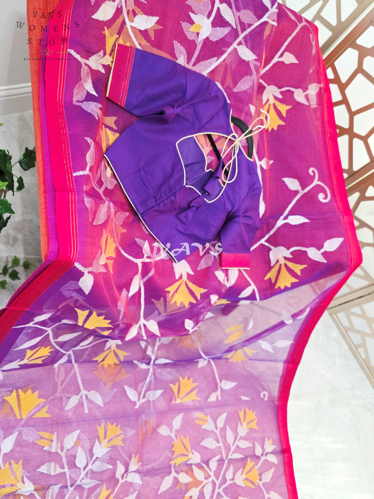 Royal Amethyst Pure Muslin Silk Jamdani Saree with Ivory Marigold Florals & Stitched Blouse Size 34-40