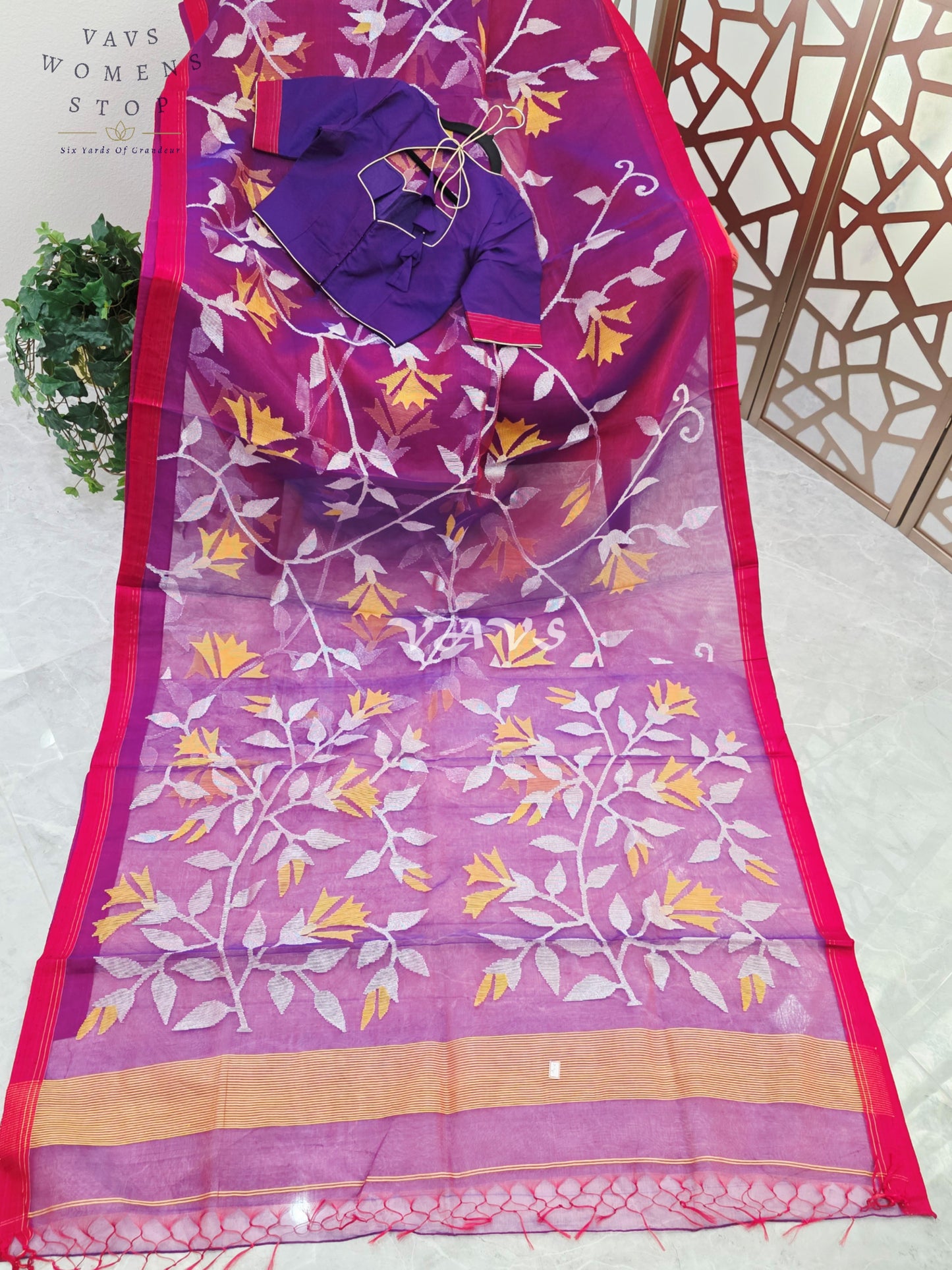 Royal Amethyst Pure Muslin Silk Jamdani Saree with Ivory Marigold Florals & Stitched Blouse Size 34-40