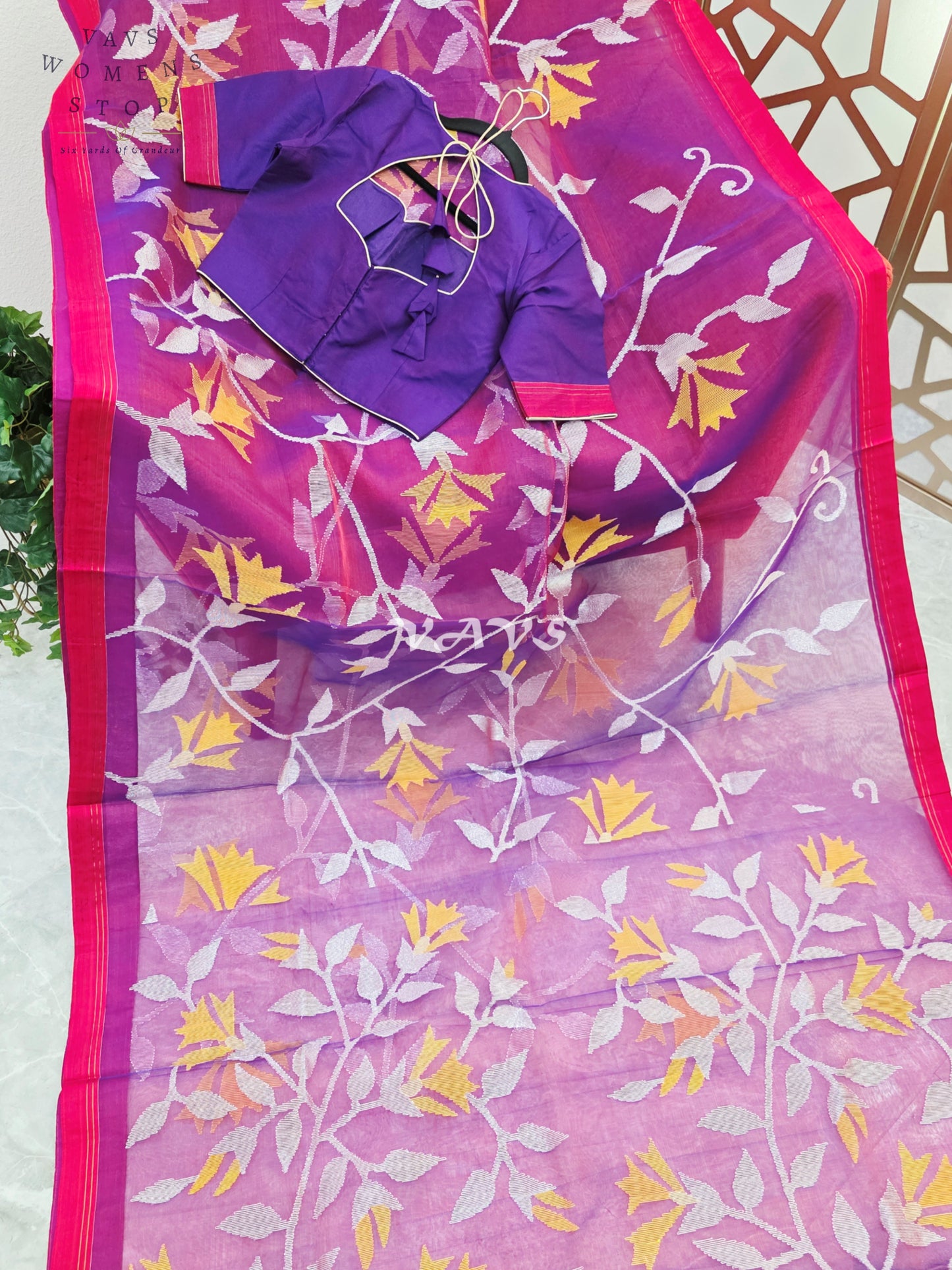 Royal Amethyst Pure Muslin Silk Jamdani Saree with Ivory Marigold Florals & Stitched Blouse Size 34-40