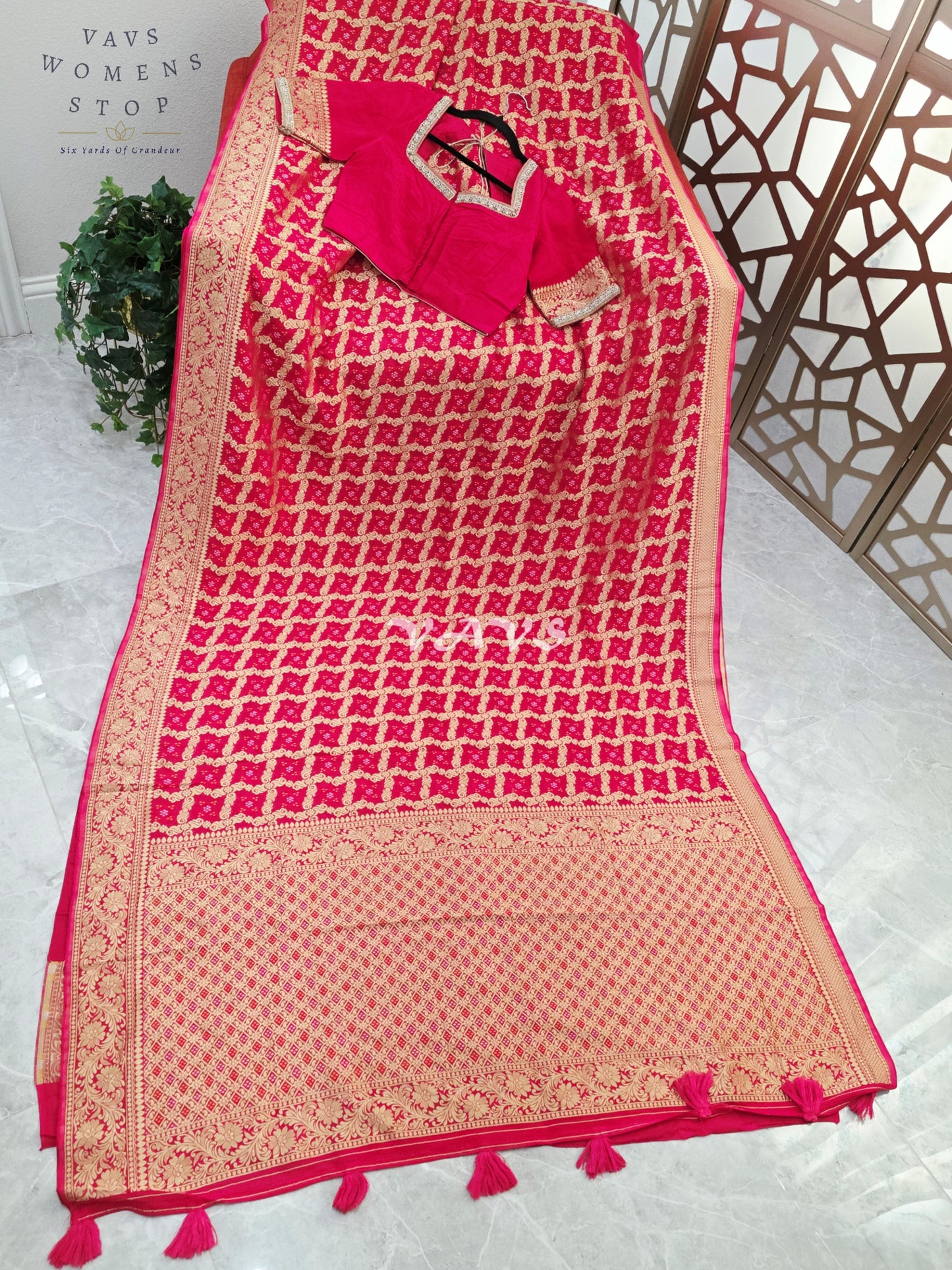Rani Pink Viscose Georgette Gharchola Bandhani Saree with Antique Gold Zari & Stitched Blouse Size 36-42