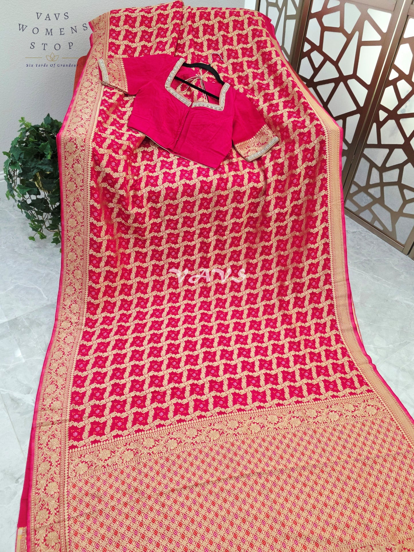 Rani Pink Viscose Georgette Gharchola Bandhani Saree with Antique Gold Zari & Stitched Blouse Size 36-42