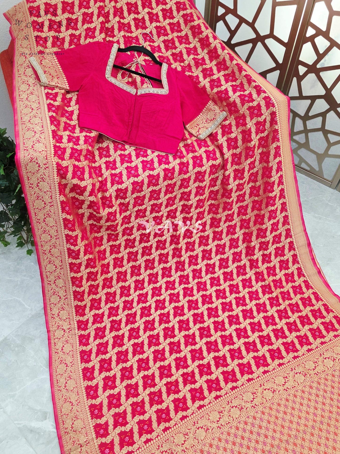 Rani Pink Viscose Georgette Gharchola Bandhani Saree with Antique Gold Zari & Stitched Blouse Size 36-42