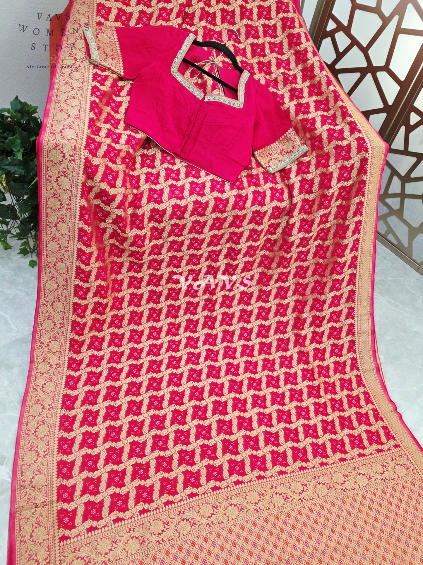 Rani Pink Viscose Georgette Gharchola Bandhani Saree with Antique Gold Zari & Stitched Blouse Size 36-42