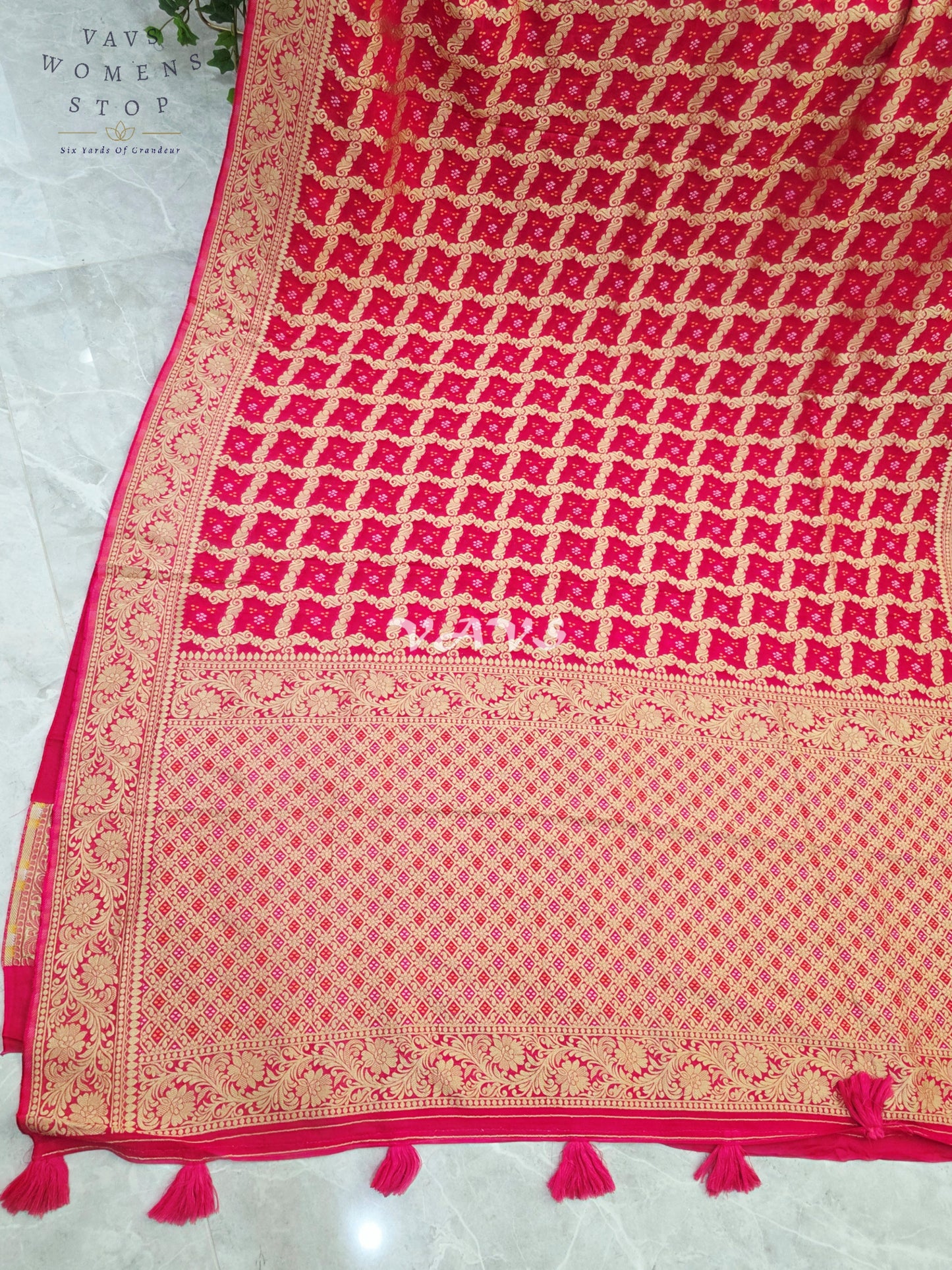 Rani Pink Viscose Georgette Gharchola Bandhani Saree with Antique Gold Zari & Stitched Blouse Size 36-42
