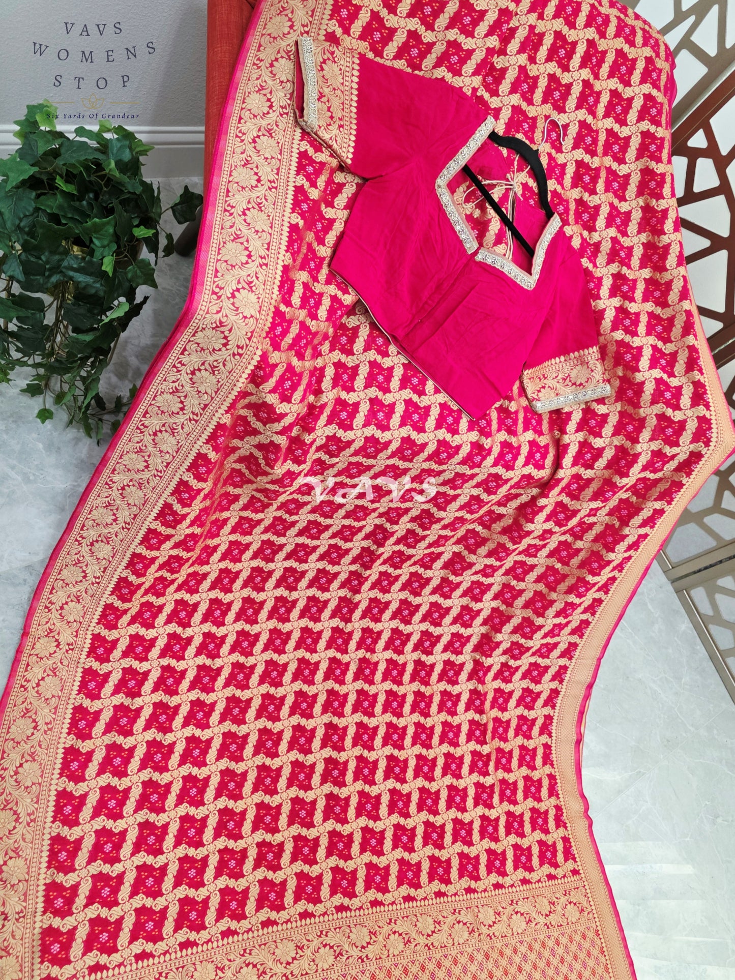 Rani Pink Viscose Georgette Gharchola Bandhani Saree with Antique Gold Zari & Stitched Blouse Size 36-42