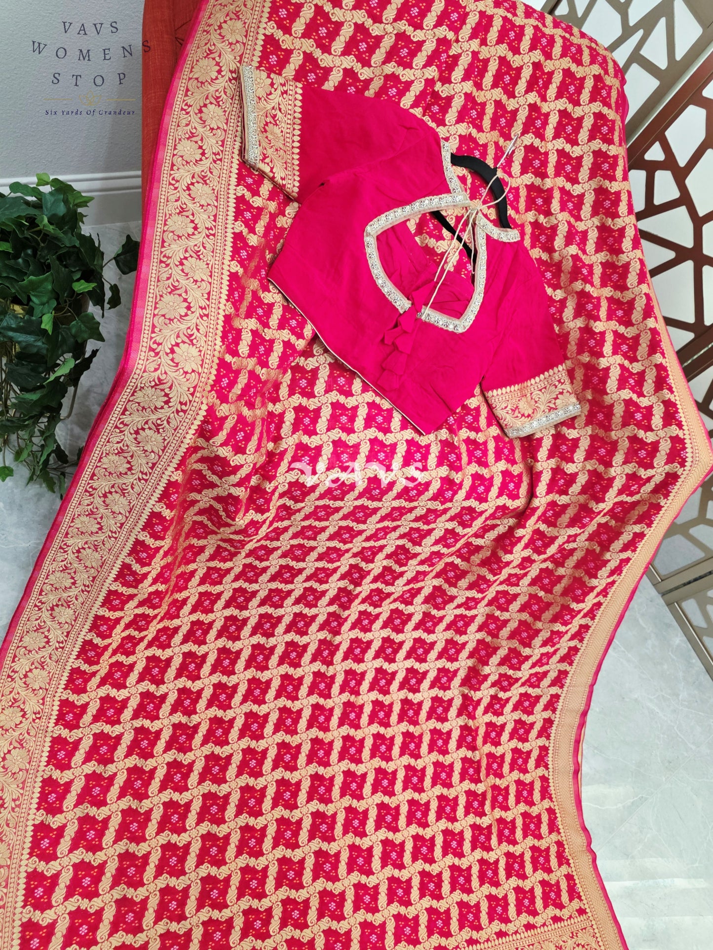 Rani Pink Viscose Georgette Gharchola Bandhani Saree with Antique Gold Zari & Stitched Blouse Size 36-42