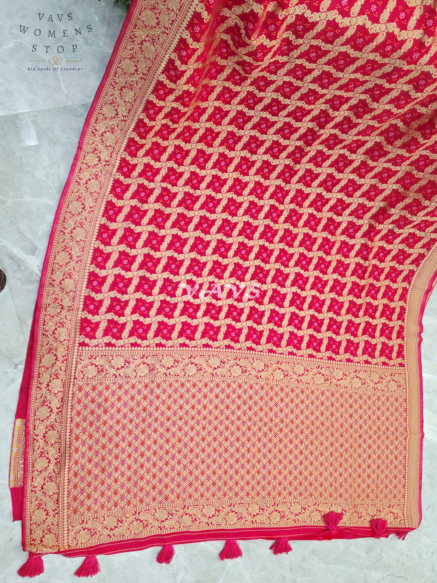 Rani Pink Viscose Georgette Gharchola Bandhani Saree with Antique Gold Zari & Stitched Blouse Size 36-42