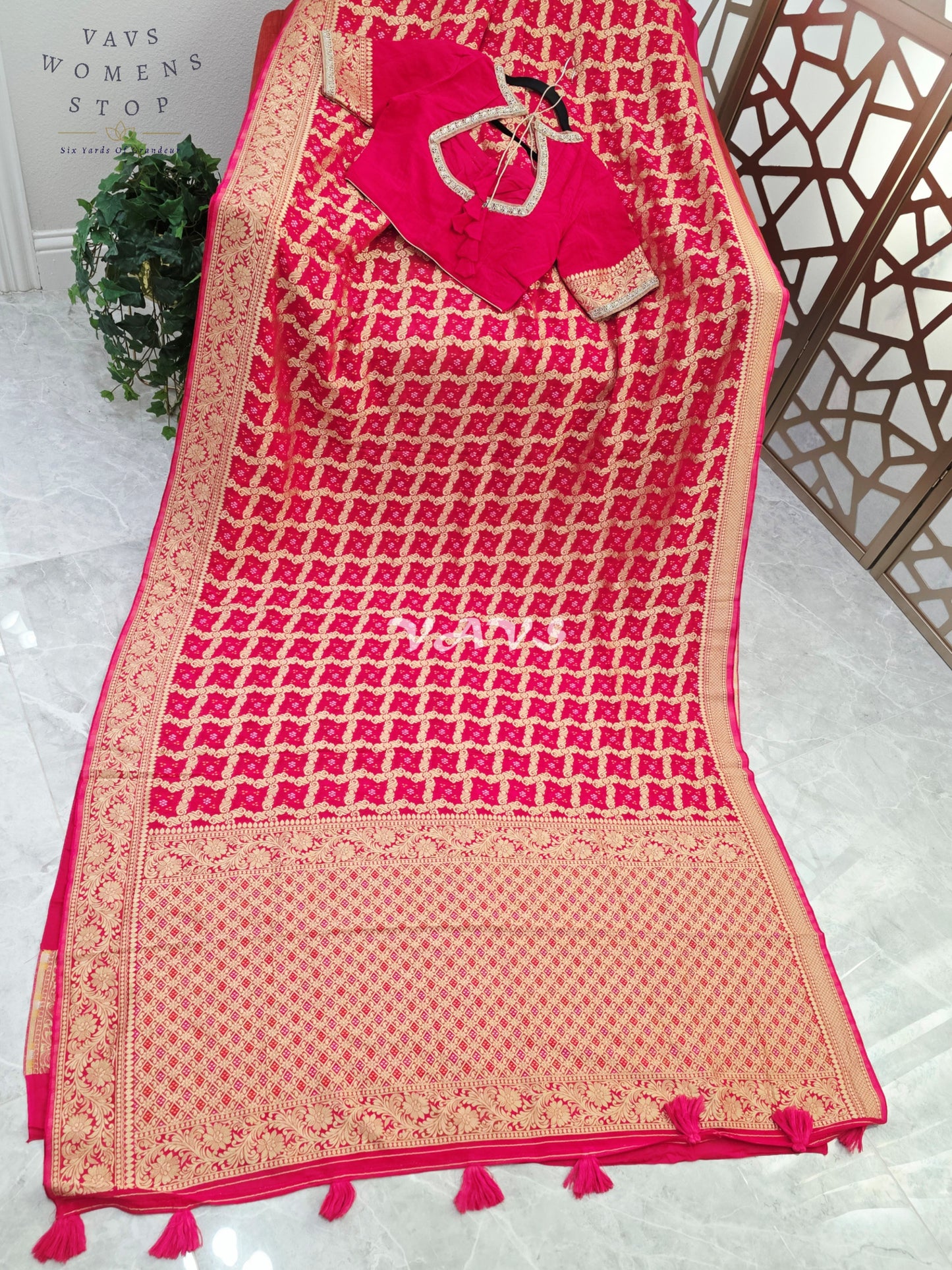 Rani Pink Viscose Georgette Gharchola Bandhani Saree with Antique Gold Zari & Stitched Blouse Size 36-42