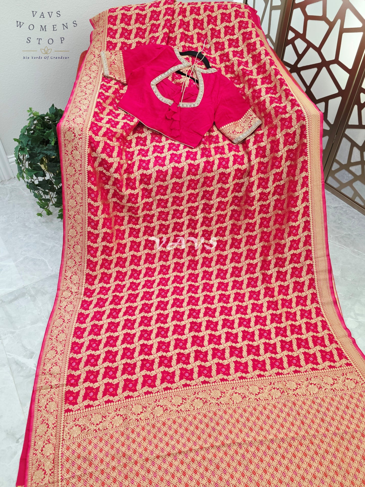 Rani Pink Viscose Georgette Gharchola Bandhani Saree with Antique Gold Zari & Stitched Blouse Size 36-42
